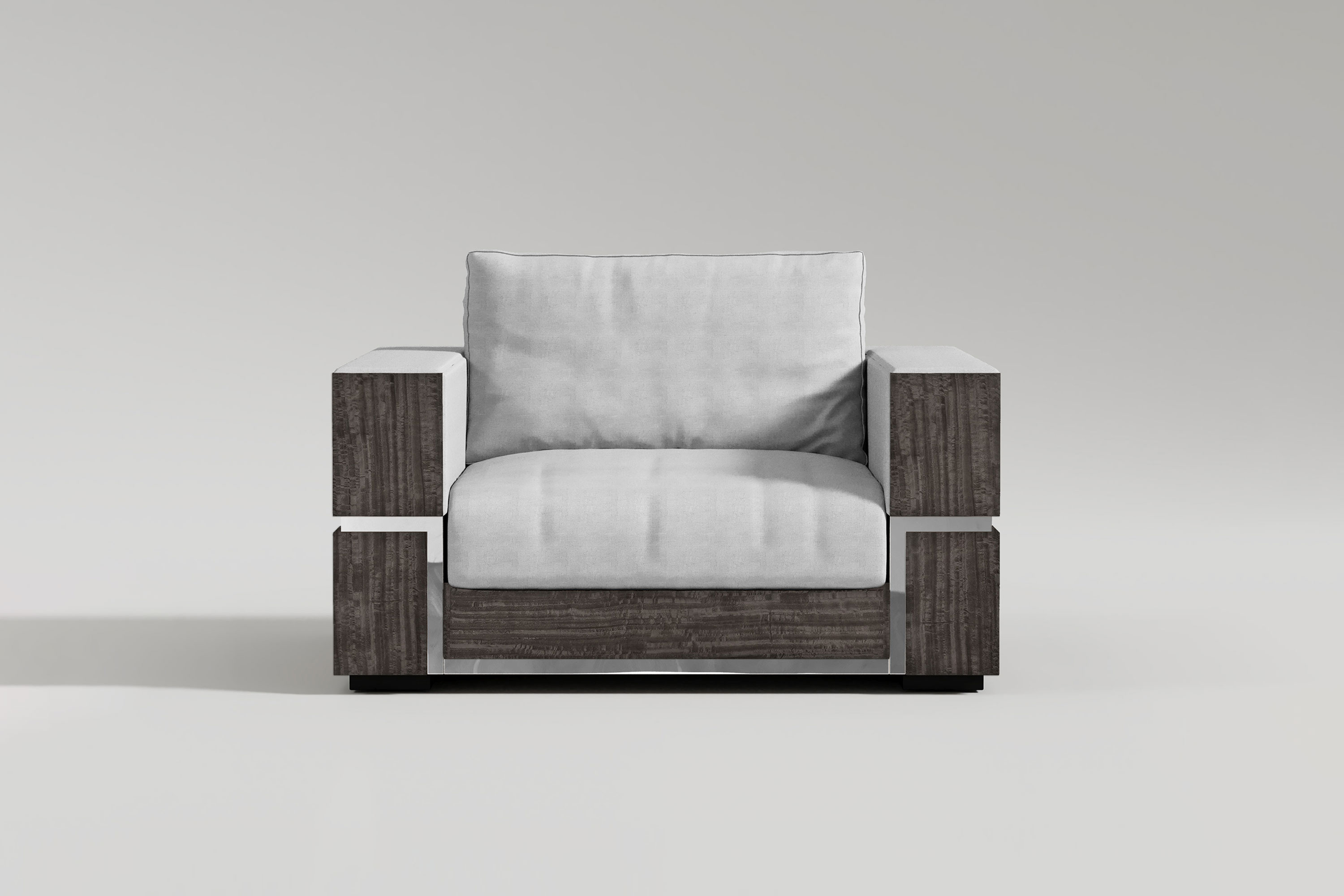 A modern lounge chair with thick, dark wooden armrests and base, featuring a wide, cushioned seat and backrest upholstered in light gray fabric. Subtle polished SS accents lend the piece an Art Deco flair, set against a plain, light background.
