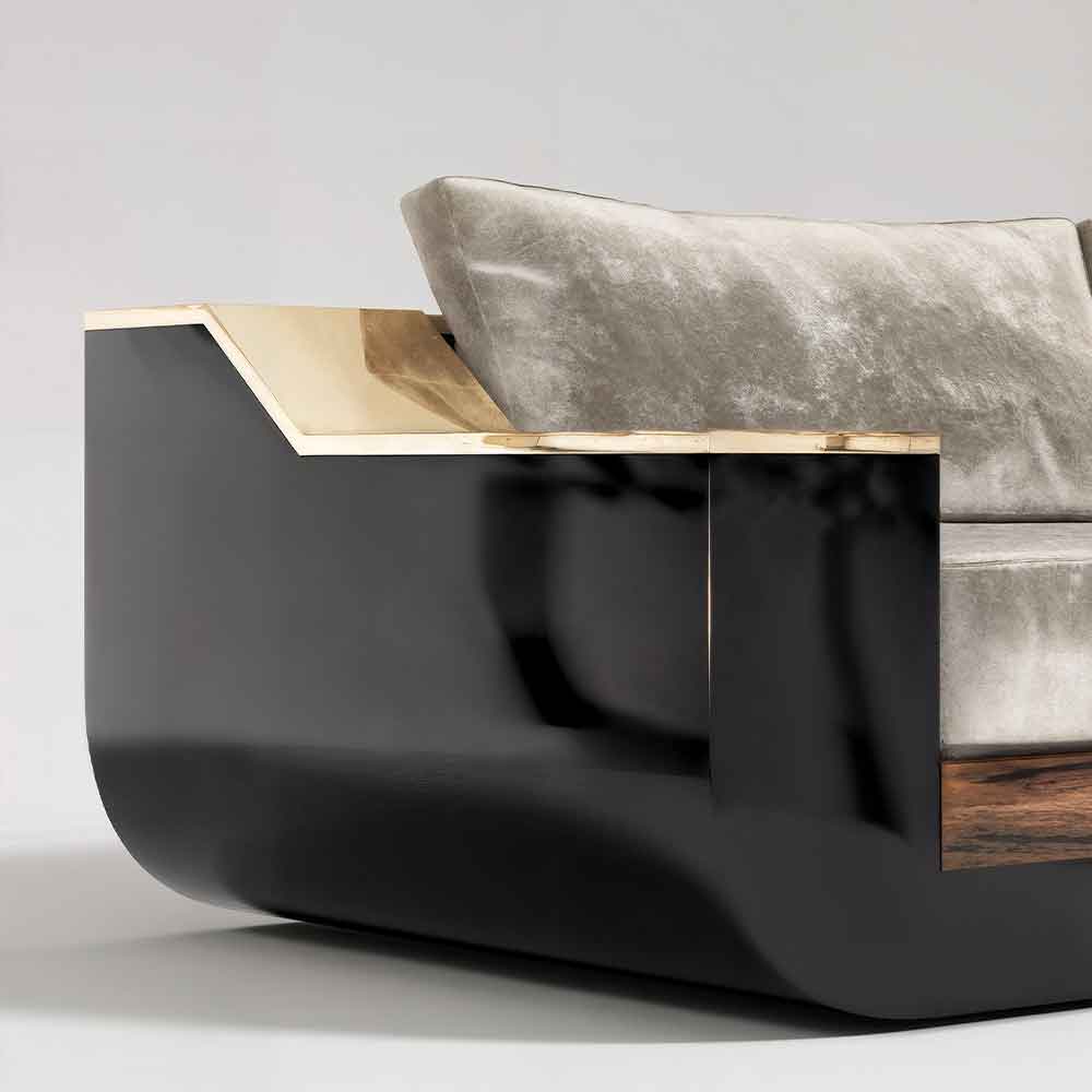 Close-up of the Meilleur Nom sofa's obsidian lacquer shell