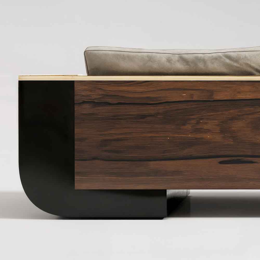 Close-up of the Meilleur Nom sofa's walnut base band