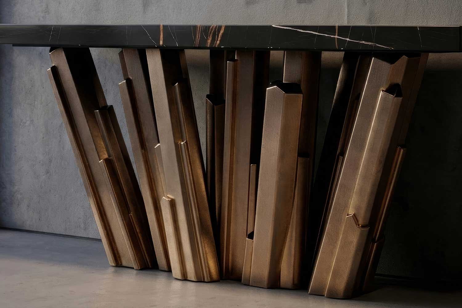 Close-up of the Meta Crystal table's faceted bronze base