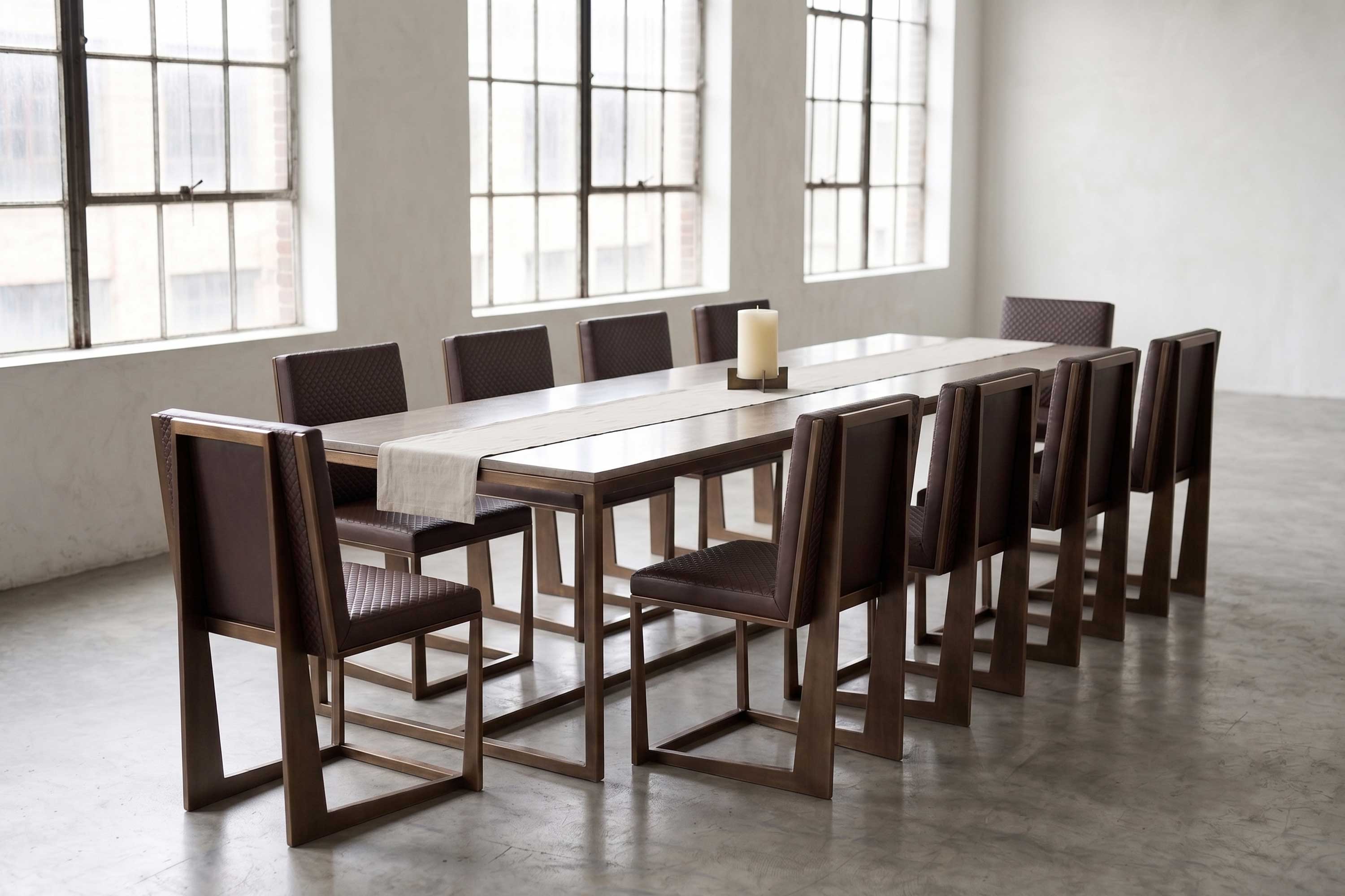 A modern rectangular dining table with a beige runner, single candle centerpiece, and ten brown cushioned chairs in a spacious room with large industrial-style windows and concrete floors.