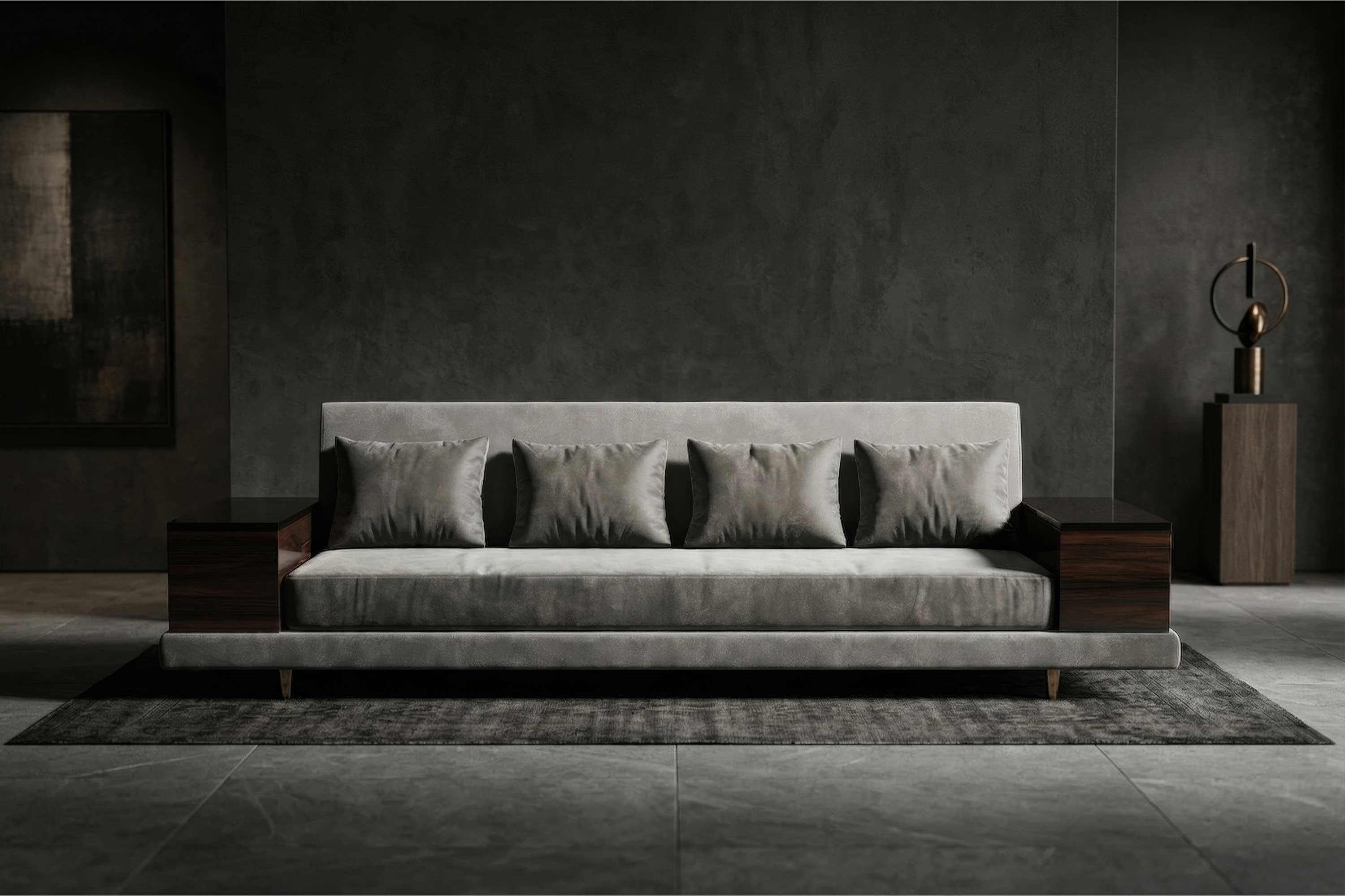 Age Sofa in light neutral upholstery, sculptural luxury sofa staged in a dark contemporary interior with soft ambient lighting — Palena Studio