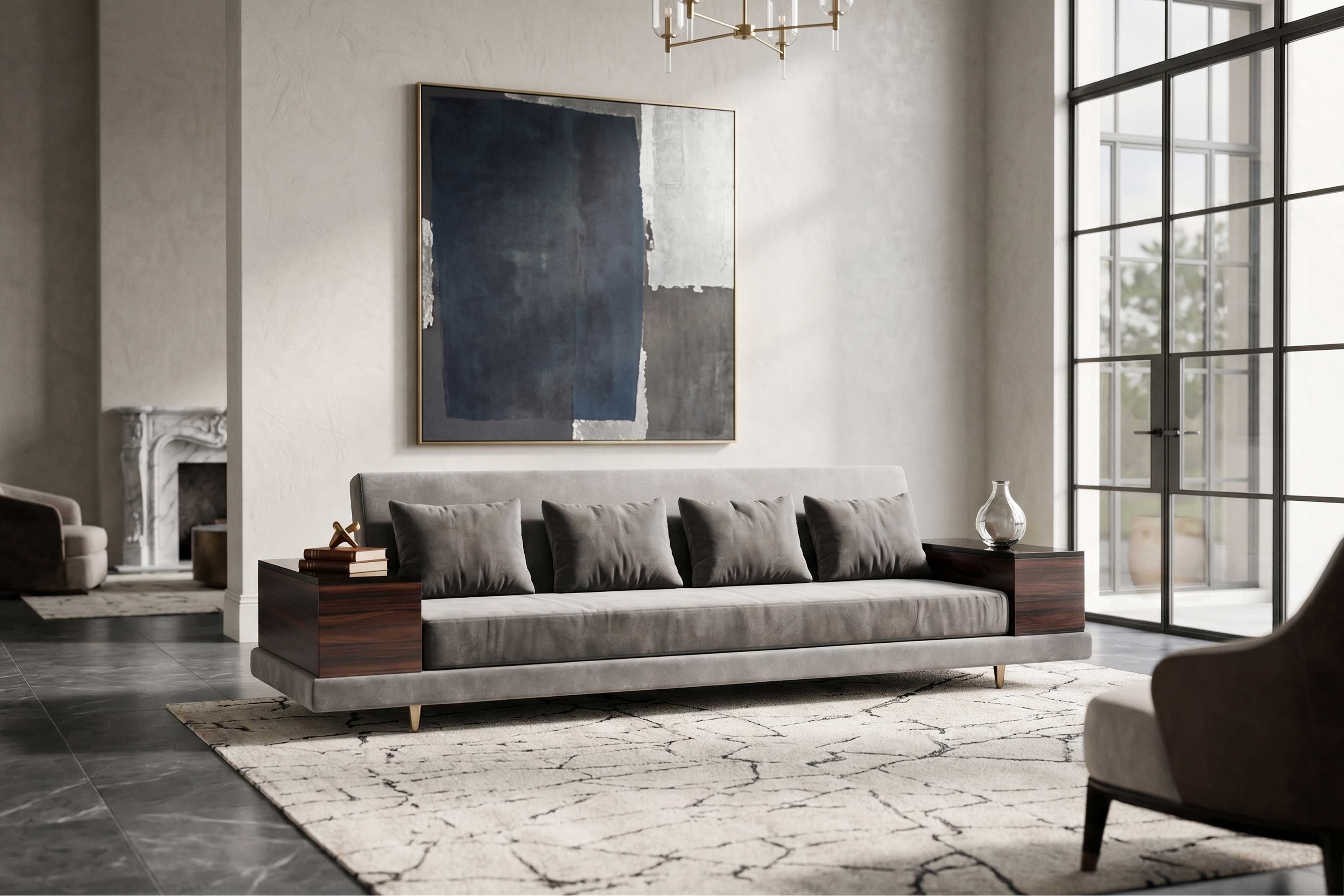 Age Sofa in light neutral upholstery, sculptural luxury sofa staged in a bright minimal interior with large framed artwork — Palena Studio
