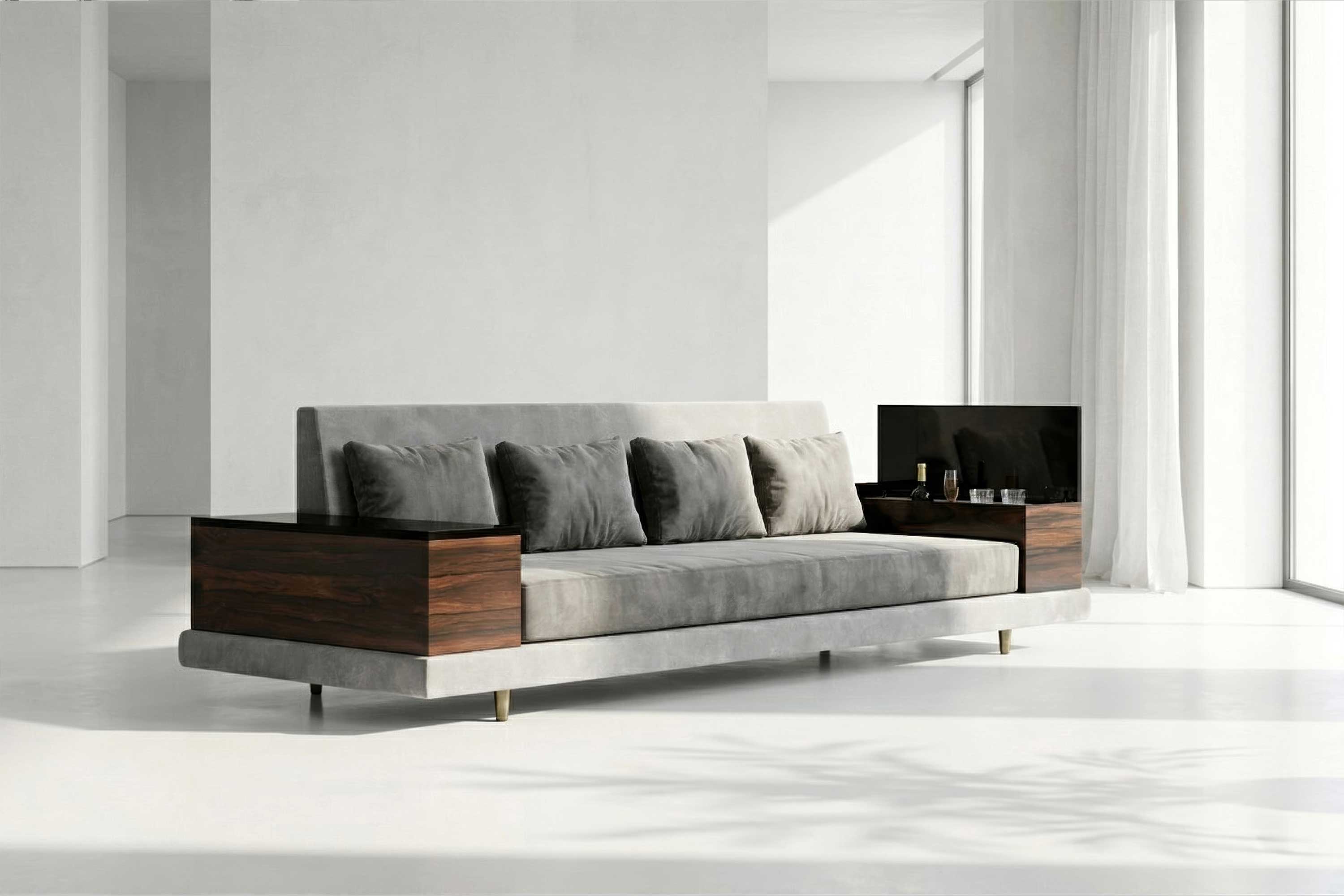 A modern gray sofa with wooden armrests and three cushions sits in a bright, minimal room with large windows and sheer curtains. Handmade details complement the setting as sunlight creates shadows on the white floor.