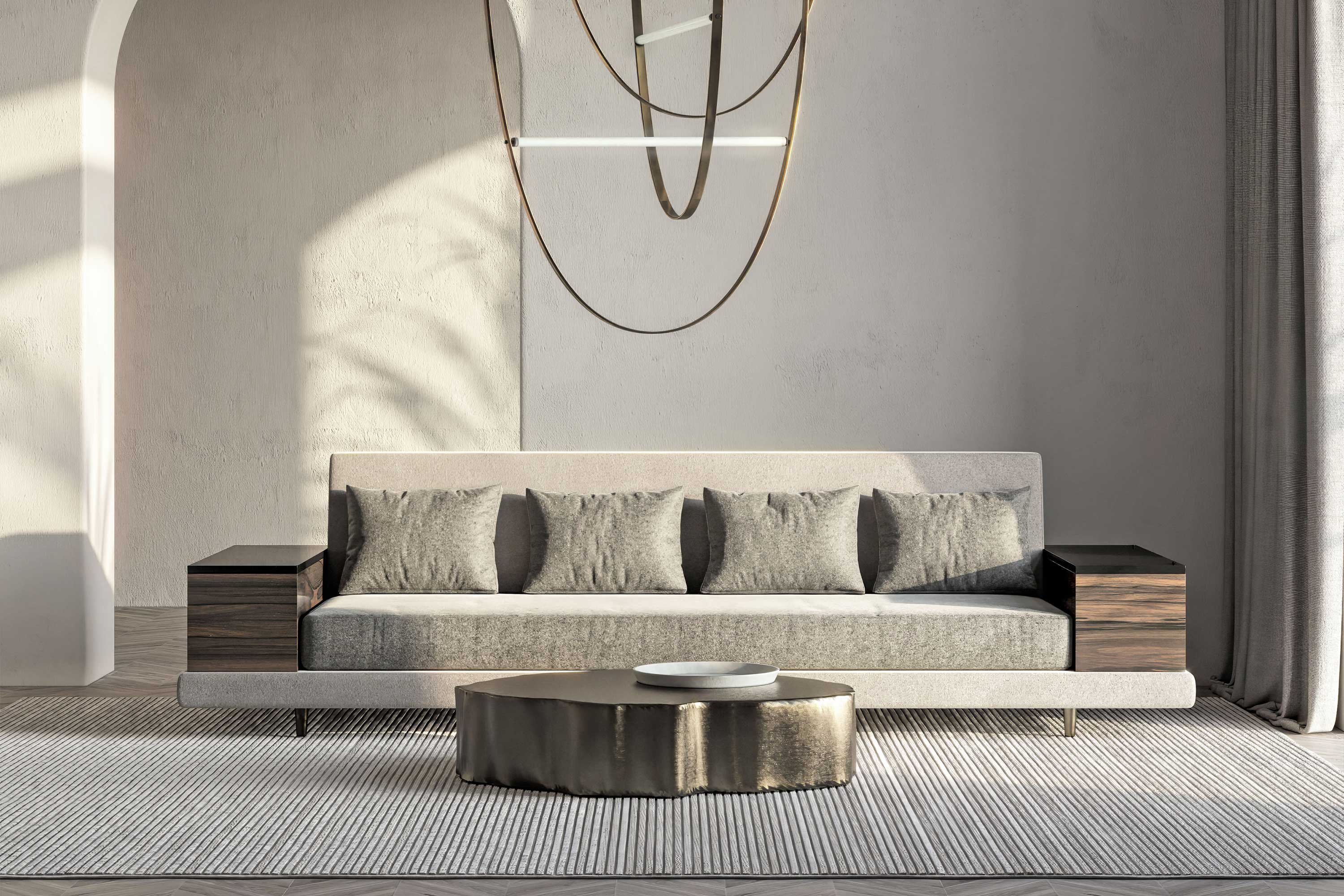 Age Sofa in light neutral upholstery, sculptural luxury sofa staged in a bright minimal interior with organic pendant lighting — Palena Studio