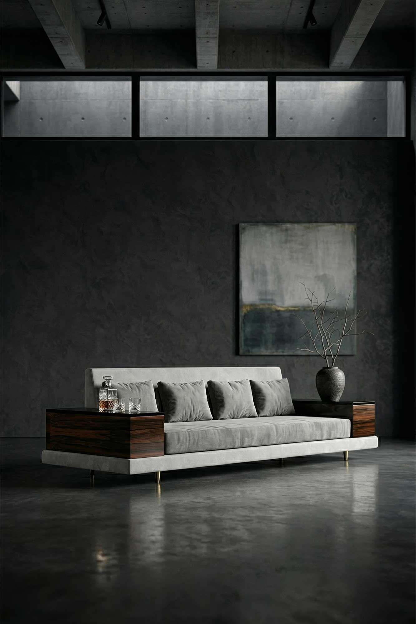 Age Sofa in neutral upholstery, sculptural luxury sofa staged in a dark refined interior with deep shadow tones — Palena Studio