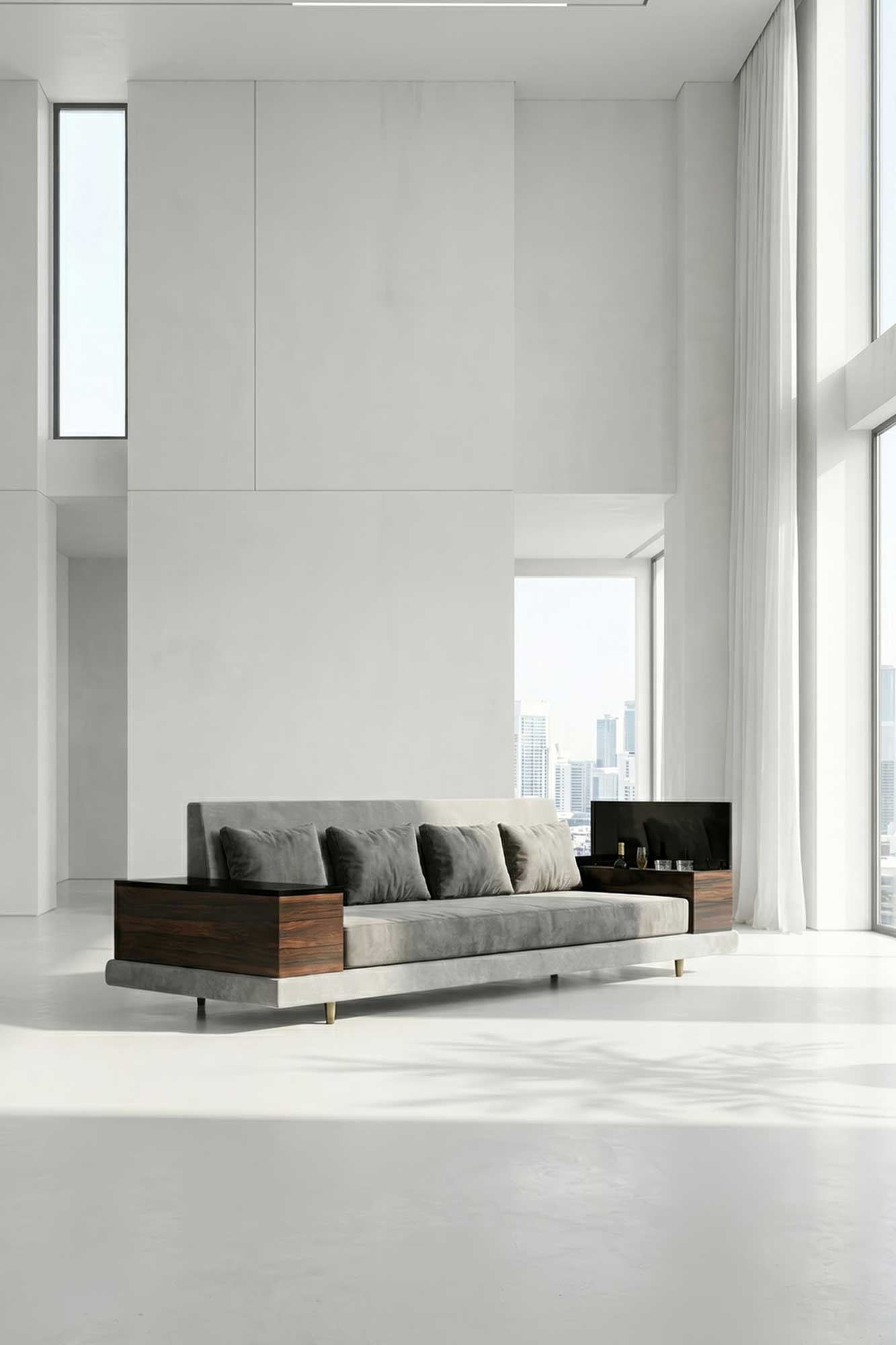 Age Sofa in neutral upholstery, sculptural luxury sofa staged in a bright minimal interior with soft natural light — Palena Studio