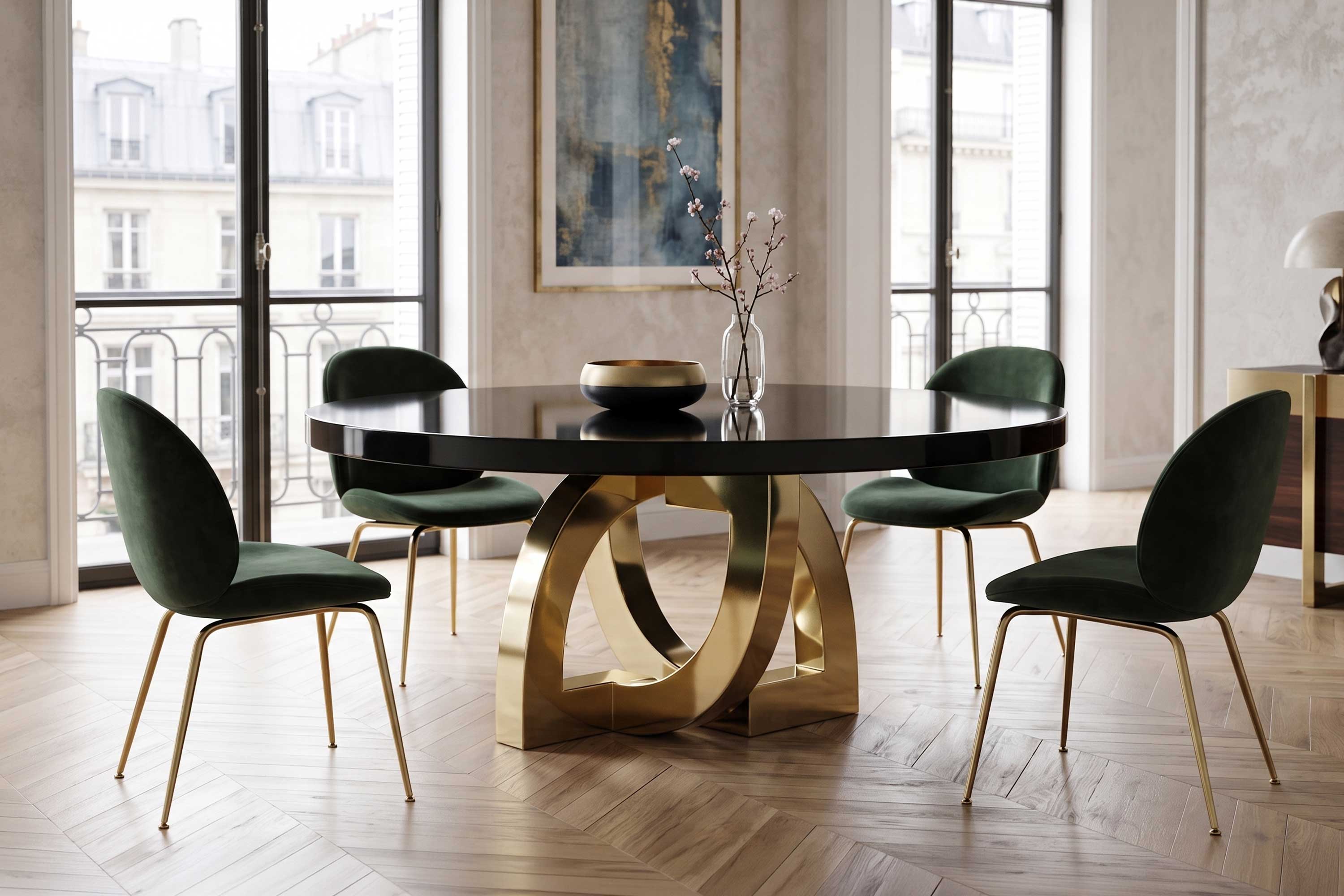 Arco Dining Table in polished bronze, sculptural arc-base dining table staged in a refined interior with dark chairs, Palena Studio
