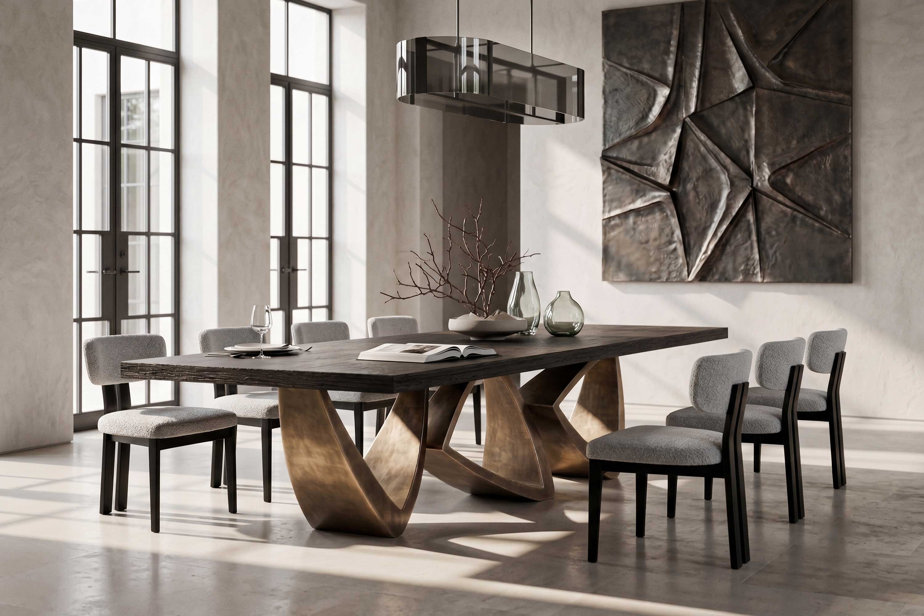 Arcos Dining Table in patina bronze, sculptural arc-base dining table staged in a bright elegant interior with chandelier — Palena Studio