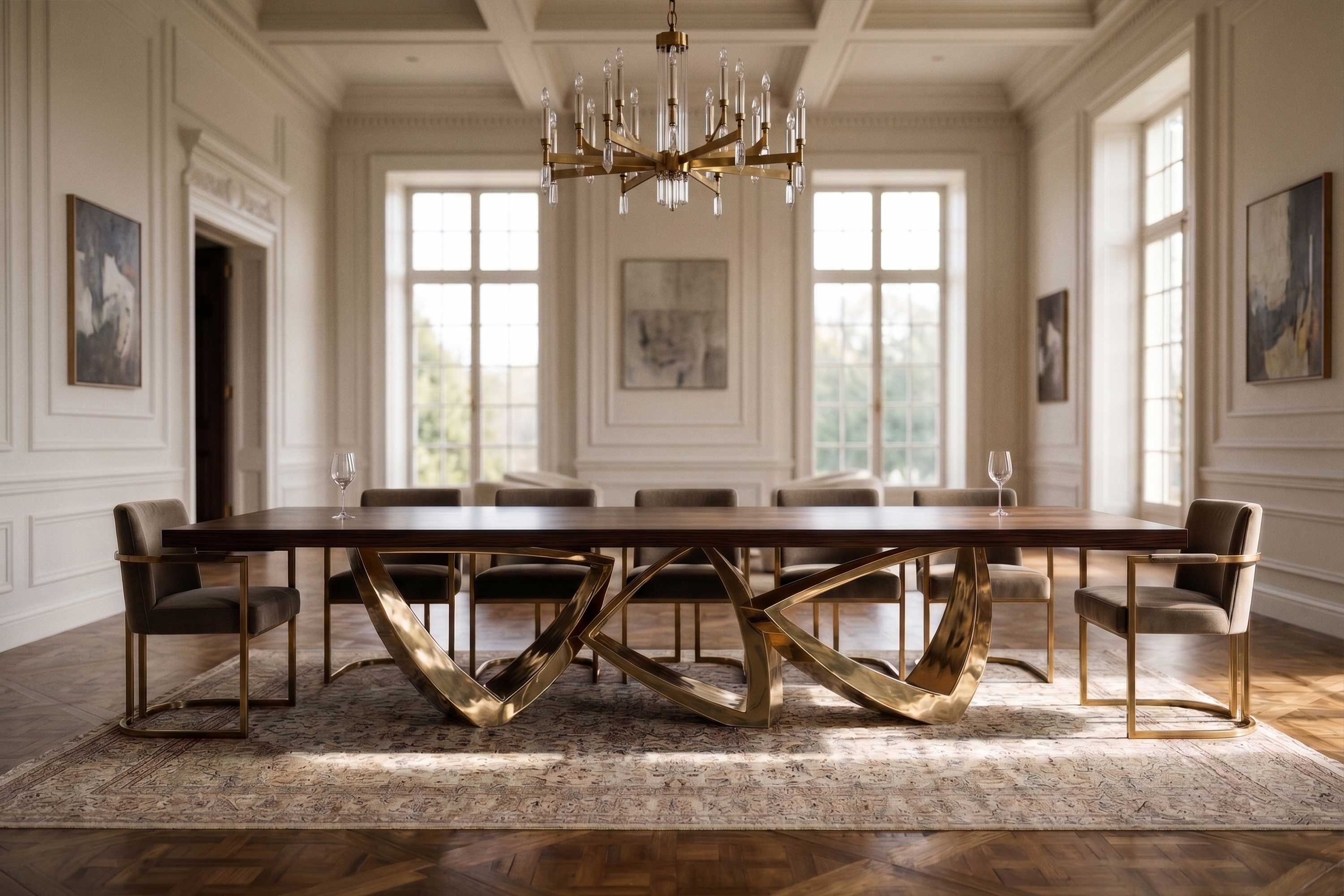 Arcos Dining Table in polished bronze, sculptural arc-base dining table staged in a refined interior with chandelier and tall windows — Palena Studio