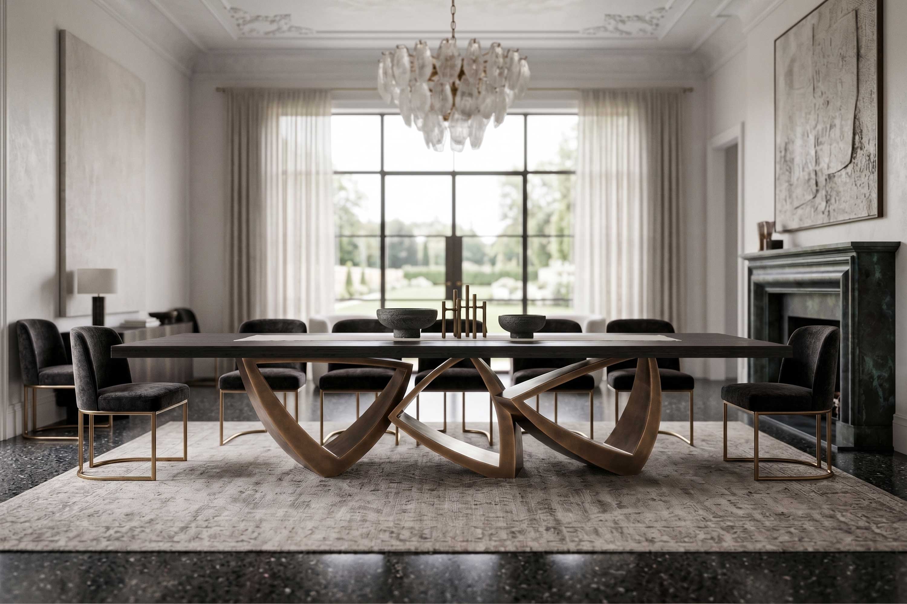 Arcos Dining Table in patina bronze, sculptural arc-base dining table staged in a refined interior with chandelier and tall windows — Palena Studio
