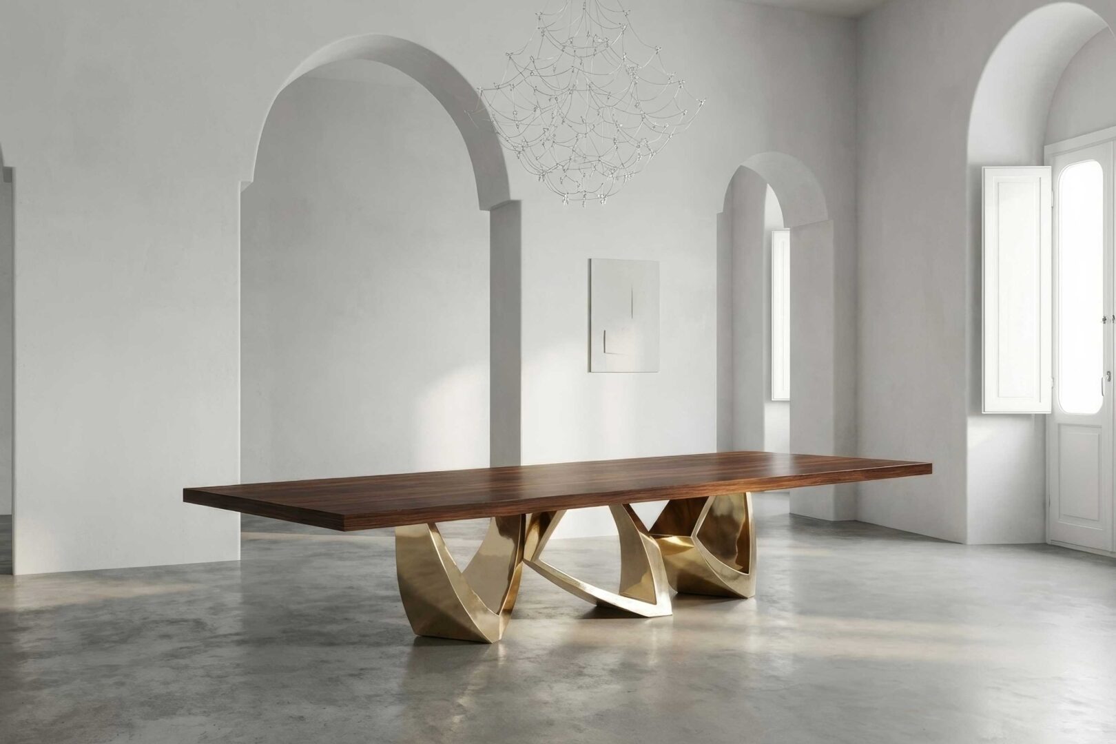A modern dining room with a large wooden table featuring sculptural polished bronze legs, set on a polished concrete floor. The room has arched doorways, white walls, a chandelier made of Murano glass, and natural light from a window.