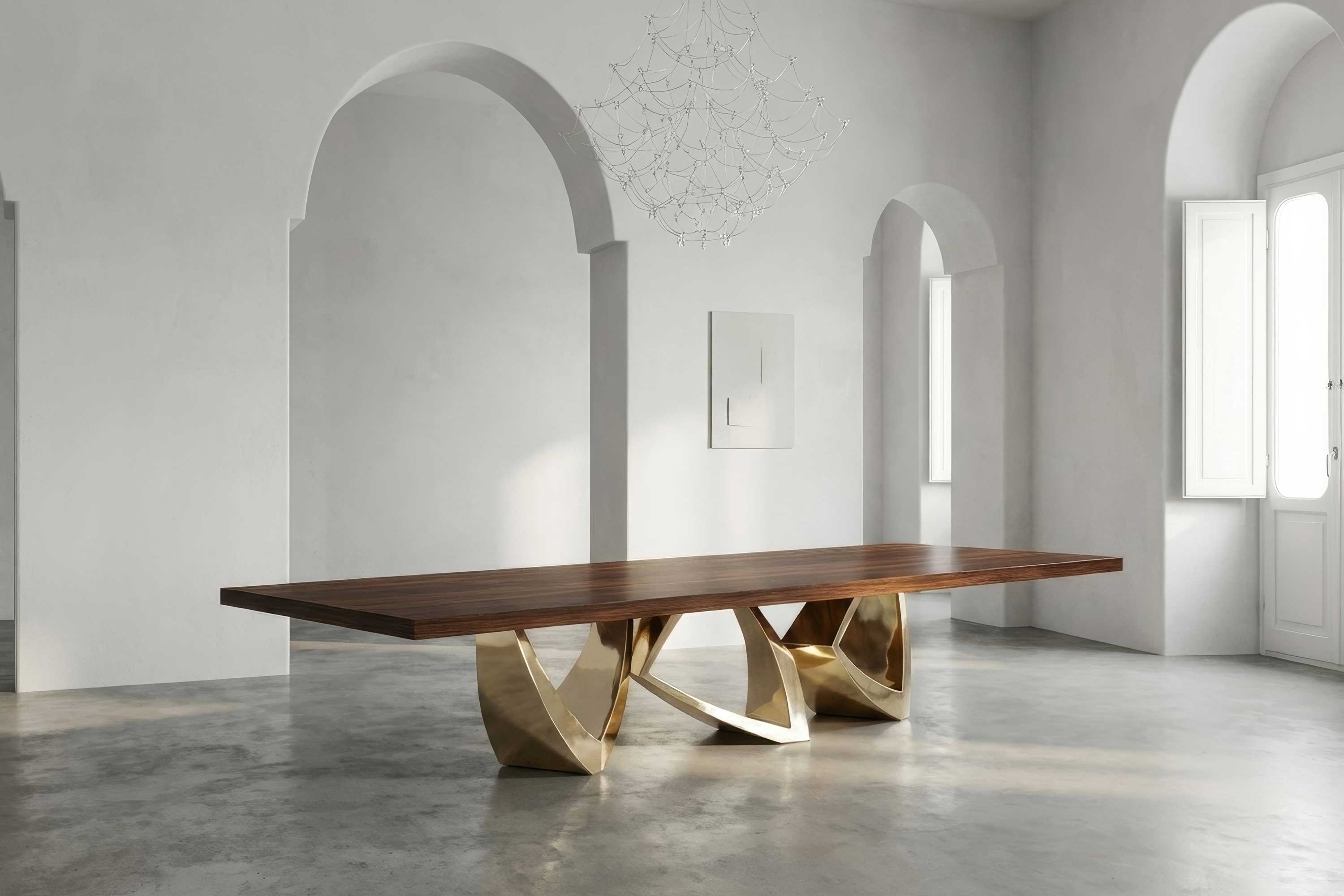 A modern dining room with a large wooden table featuring sculptural polished bronze legs, set on a polished concrete floor. The room has arched doorways, white walls, a chandelier made of Murano glass, and natural light from a window.