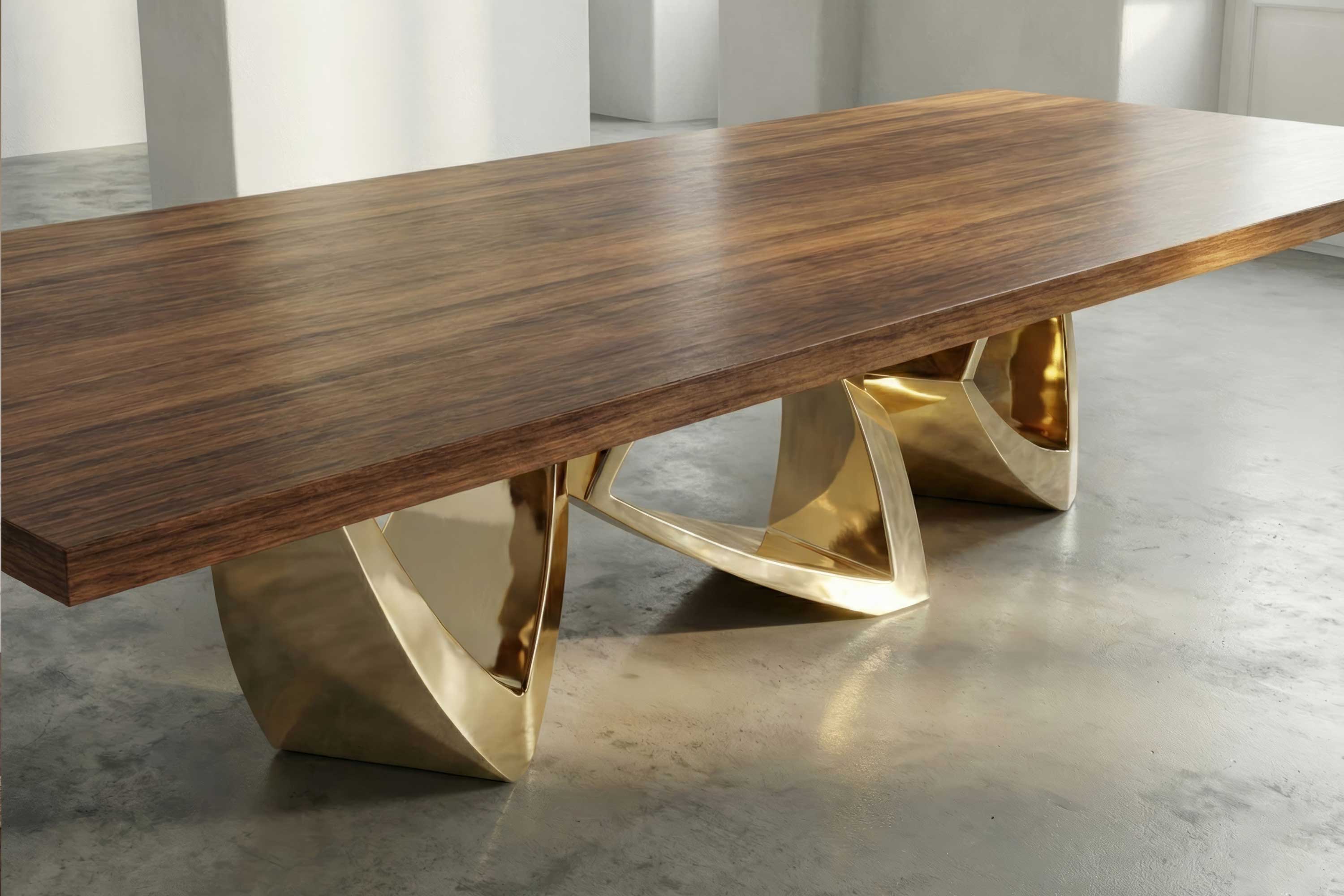 A large rectangular wooden table with a polished surface and three sculptural polished bronze metal bases, set on a smooth concrete floor in a brightly lit room with white walls. This piece exemplifies bespoke furniture with subtle Artdecoo influences.