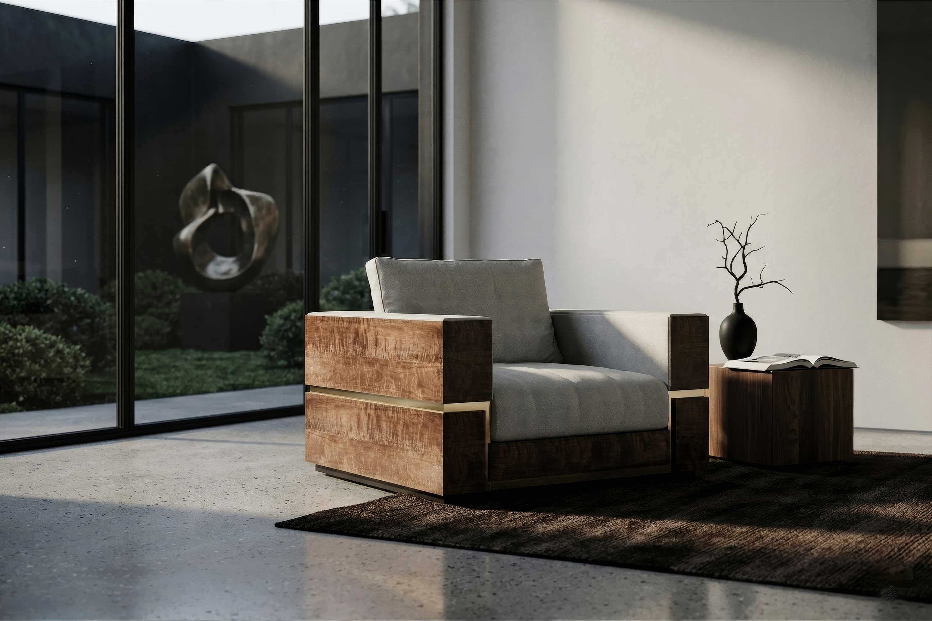 Balteus Lounge Chair, sculptural luxury lounge chair staged in a refined contemporary interior with warm neutral tones, Palena Studio