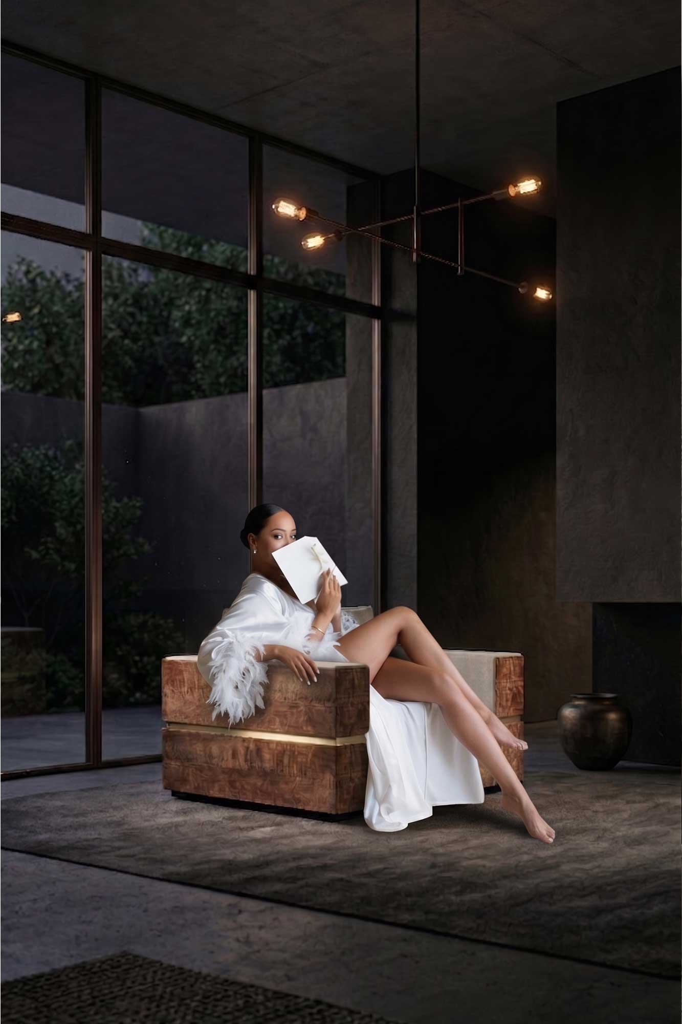 Balteus Lounge Chair, sculptural luxury lounge chair staged in a dramatic dark interior with floor-to-ceiling glazing, Palena Studio