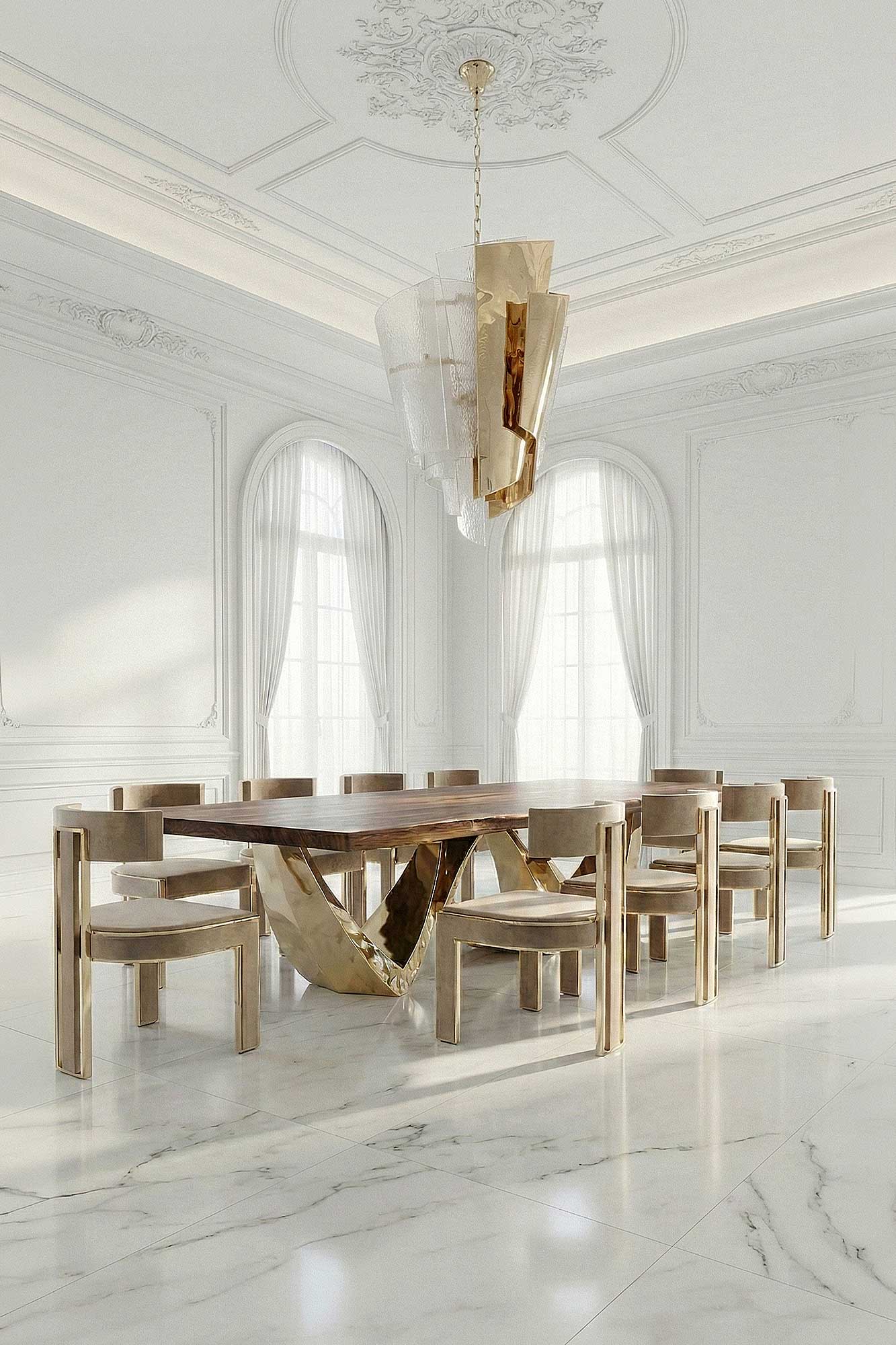 A modern dining room with a large wooden table, unique gold sculptural base, matching chairs, marble floor, tall arched windows with sheer curtains, ornate white walls, and a gold statement chandelier.