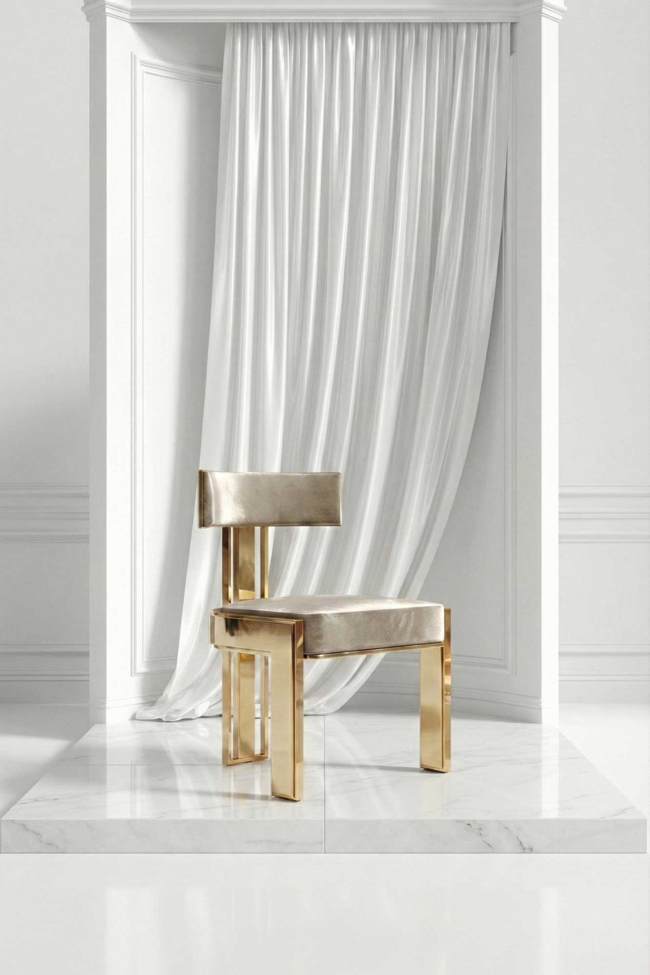 A gold-framed chair with light upholstery sits on a white marble platform in front of a white wall with molding. A sheer white curtain hangs behind the chair, adding a soft backdrop to the minimalist, elegant setting.
