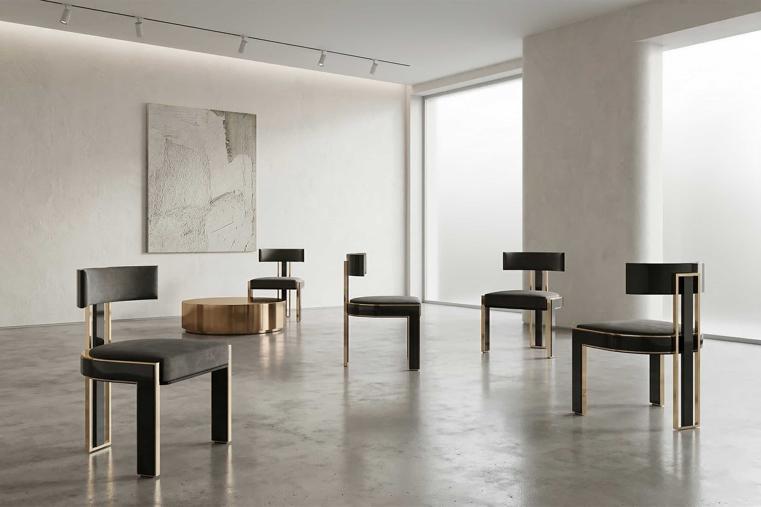 Minimalist room with five modern black and gold chairs arranged in a semicircle. There is a low round gold table and a large abstract artwork on a light-colored wall. The floor is polished concrete. Large frosted windows provide soft light.