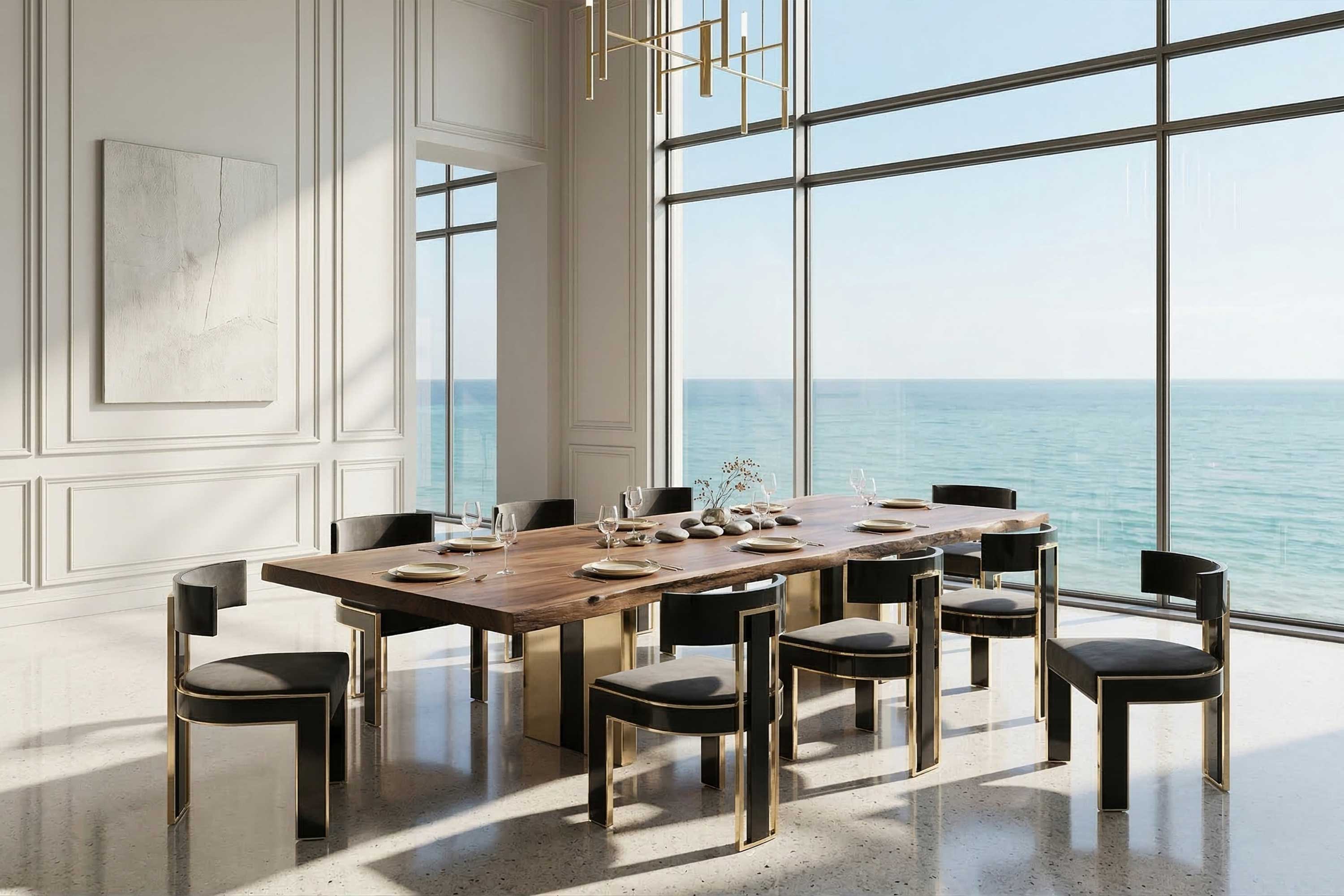 A modern dining room with a wooden table set for eight, black and gold chairs, large windows with an ocean view, light-colored walls with molding, and a minimal abstract painting. Bright natural light fills the space.