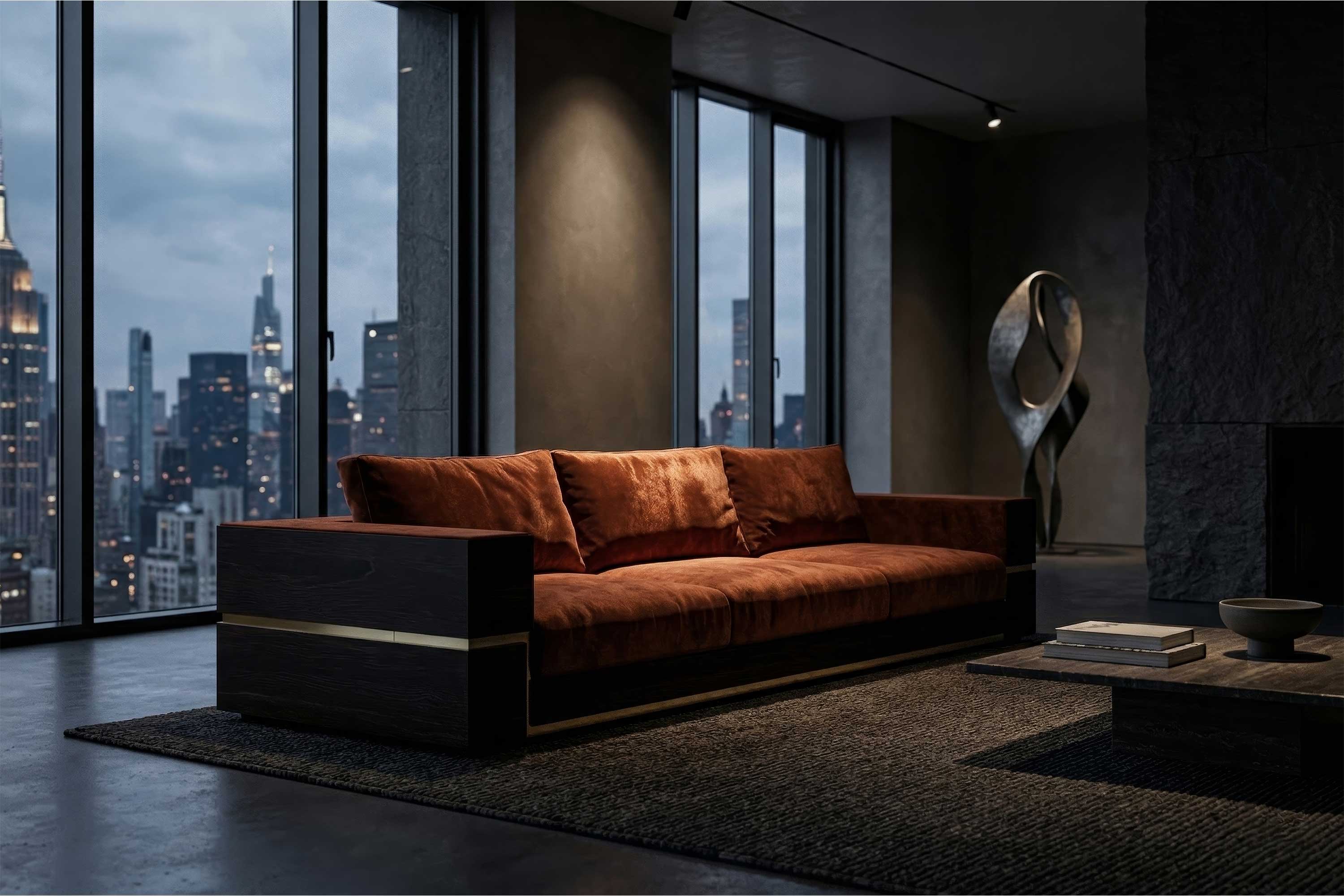 A modern living room with a brown velvet sofa on a dark rug, floor-to-ceiling windows showing a city skyline at dusk, dark walls, and a handmade bronze sculptural art piece in the corner.