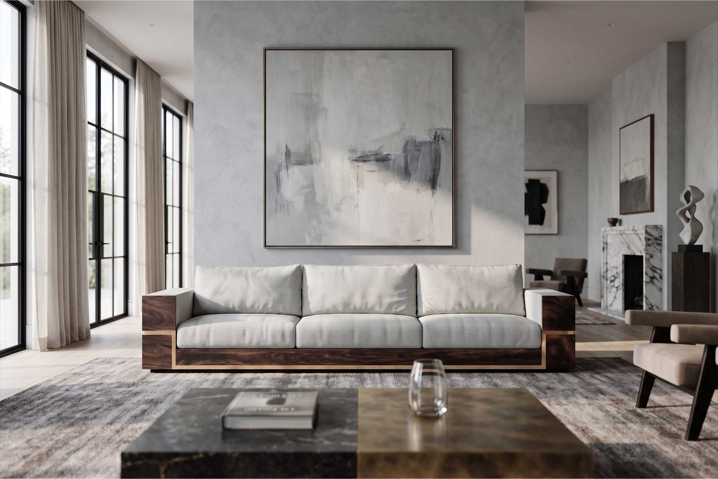 Belteus Sofa in neutral upholstery, sculptural luxury sofa staged in a bright minimal interior with abstract artwork, Palena Studio