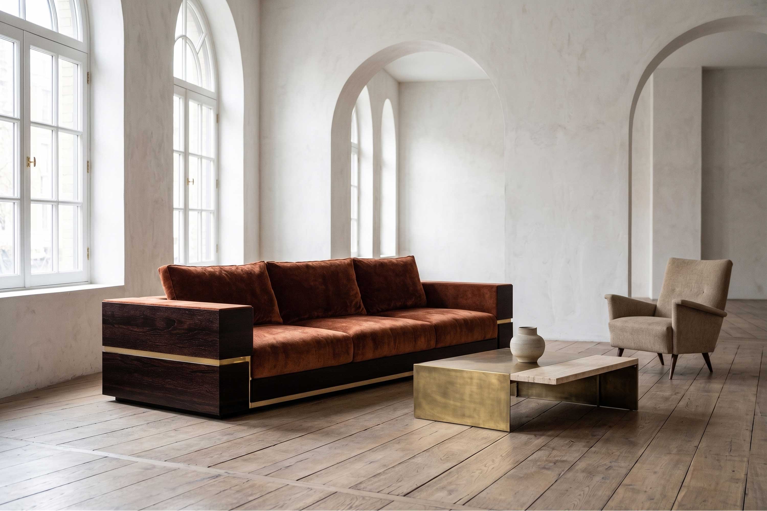 Belteus Sofa in terracotta velvet, sculptural luxury sofa staged in a bright minimal interior with arched windows, Palena Studio