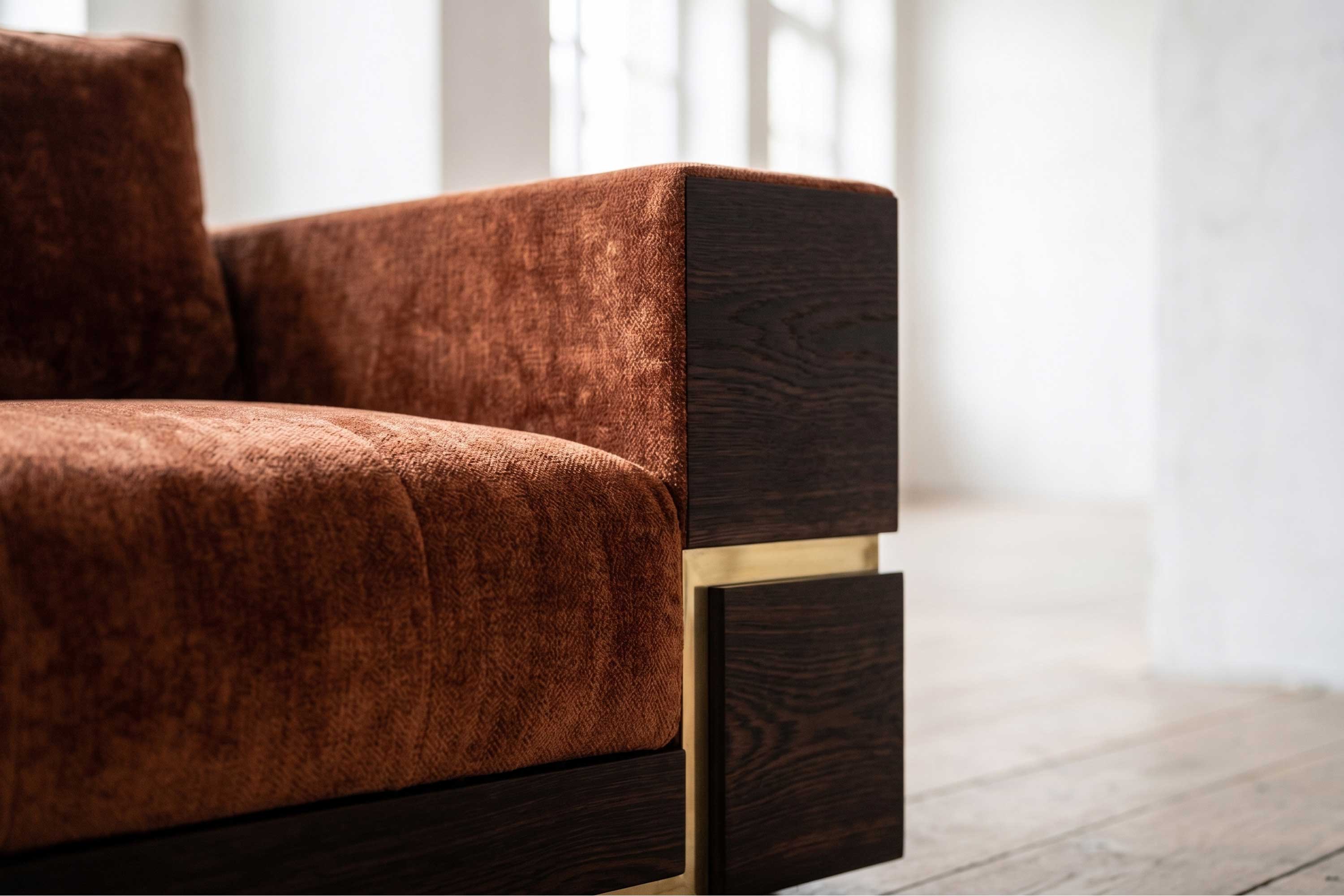 Belteus Sofa in burnt orange velvet, sculptural luxury sofa staged in a warm dark editorial interior, Palena Studio