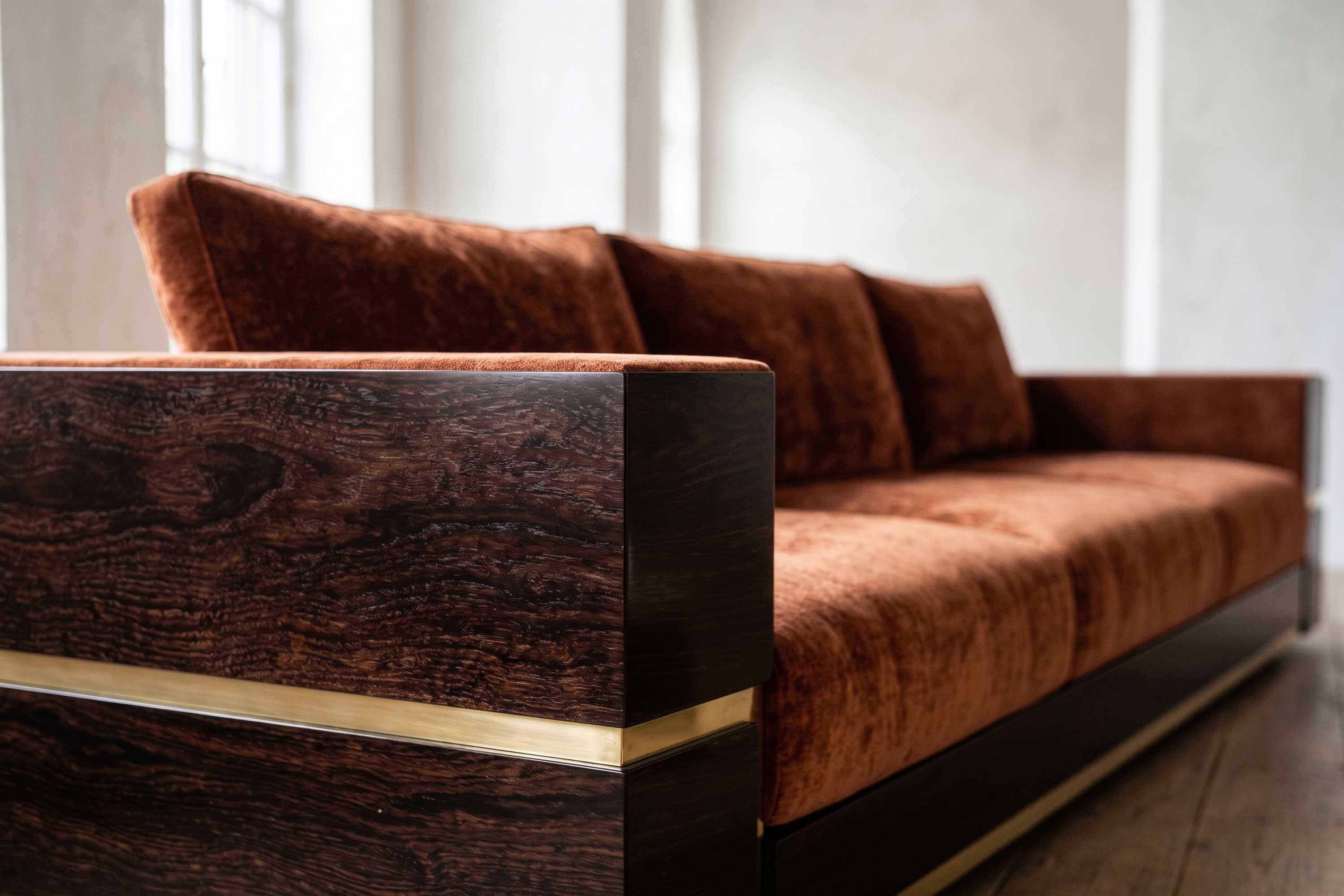 Belteus Sofa in terracotta velvet, sculptural luxury sofa staged in a dark moody contemporary interior, Palena Studio