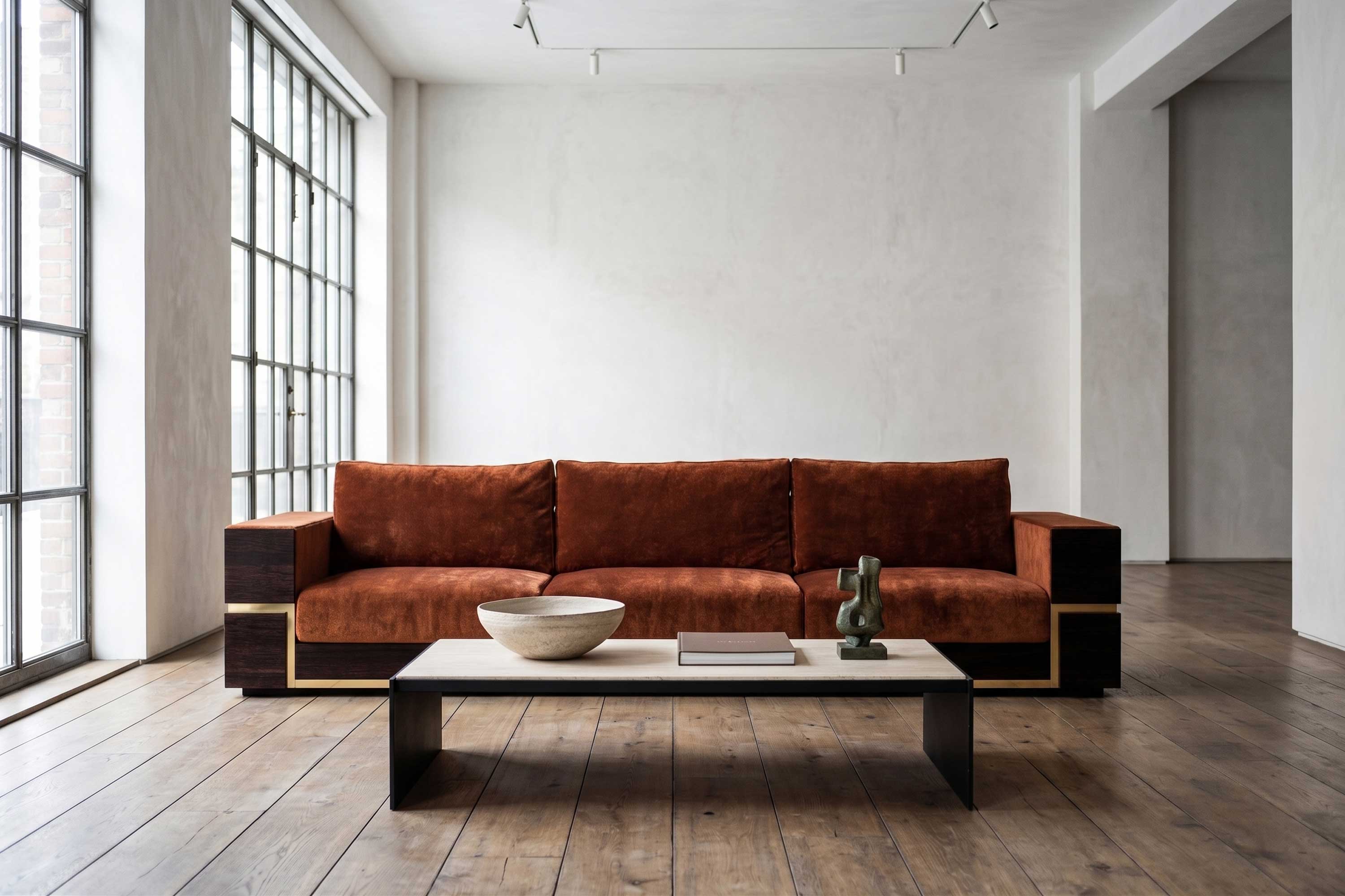 Belteus Sofa in neutral upholstery, sculptural luxury sofa staged in a bright open contemporary interior with soft natural light, Palena Studio