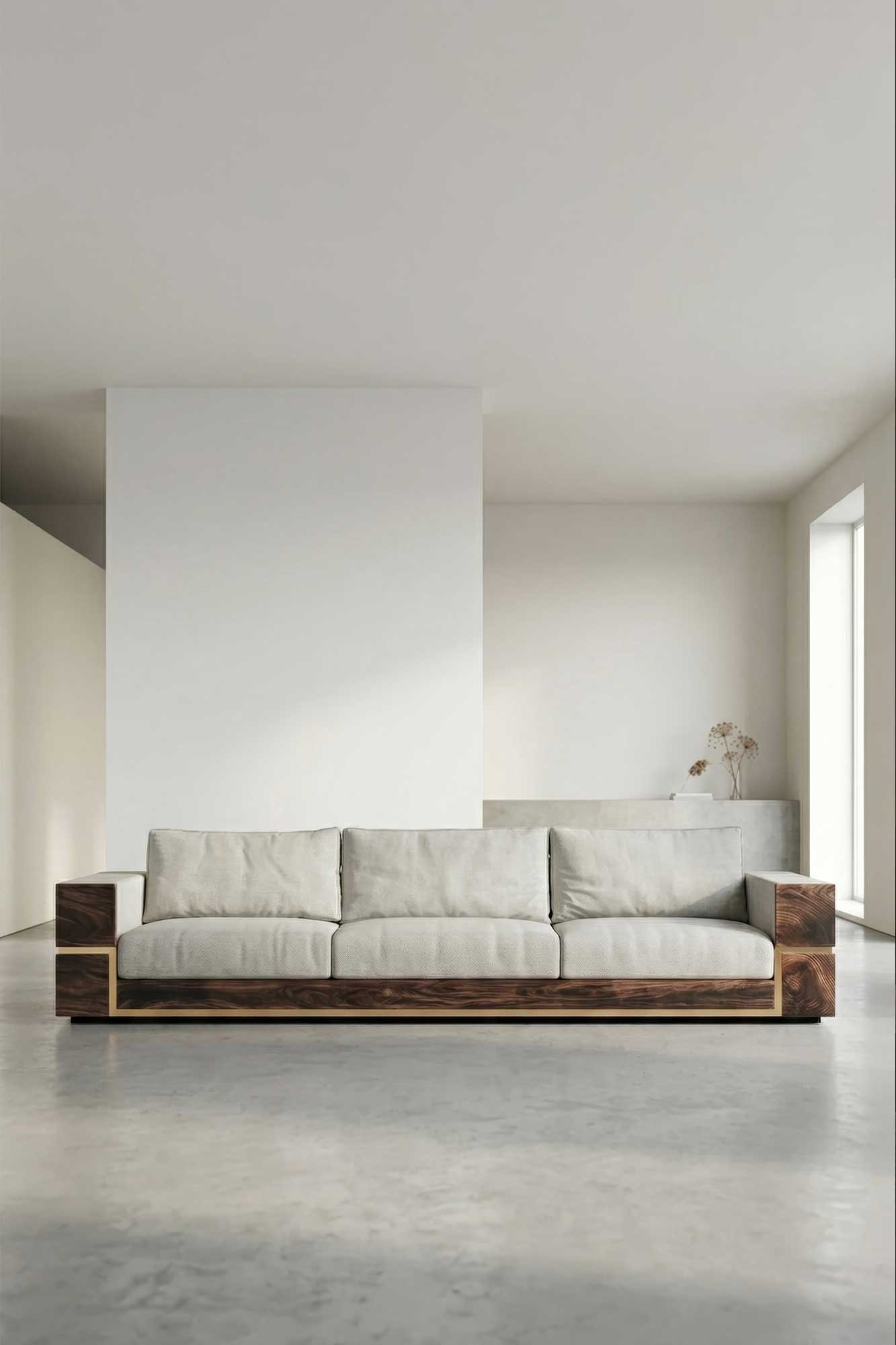 Belteus Sofa in neutral upholstery, sculptural luxury sofa staged in a bright minimal contemporary interior with soft natural light, Palena Studio