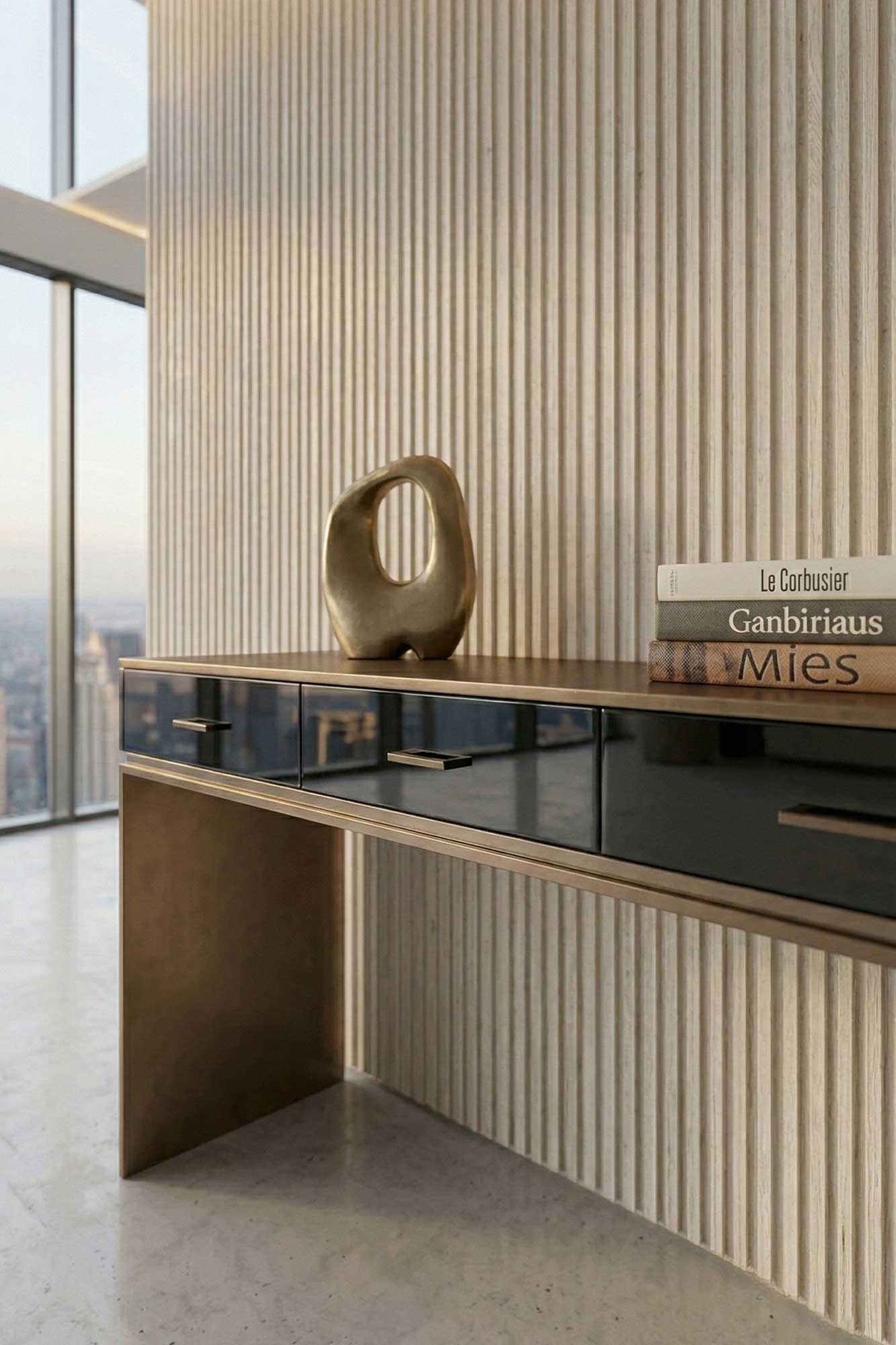 A modern desk with gold accents stands against a ribbed beige wall. On the desk are three books stacked and an abstract gold sculpture. Large windows offer a city view in the background.