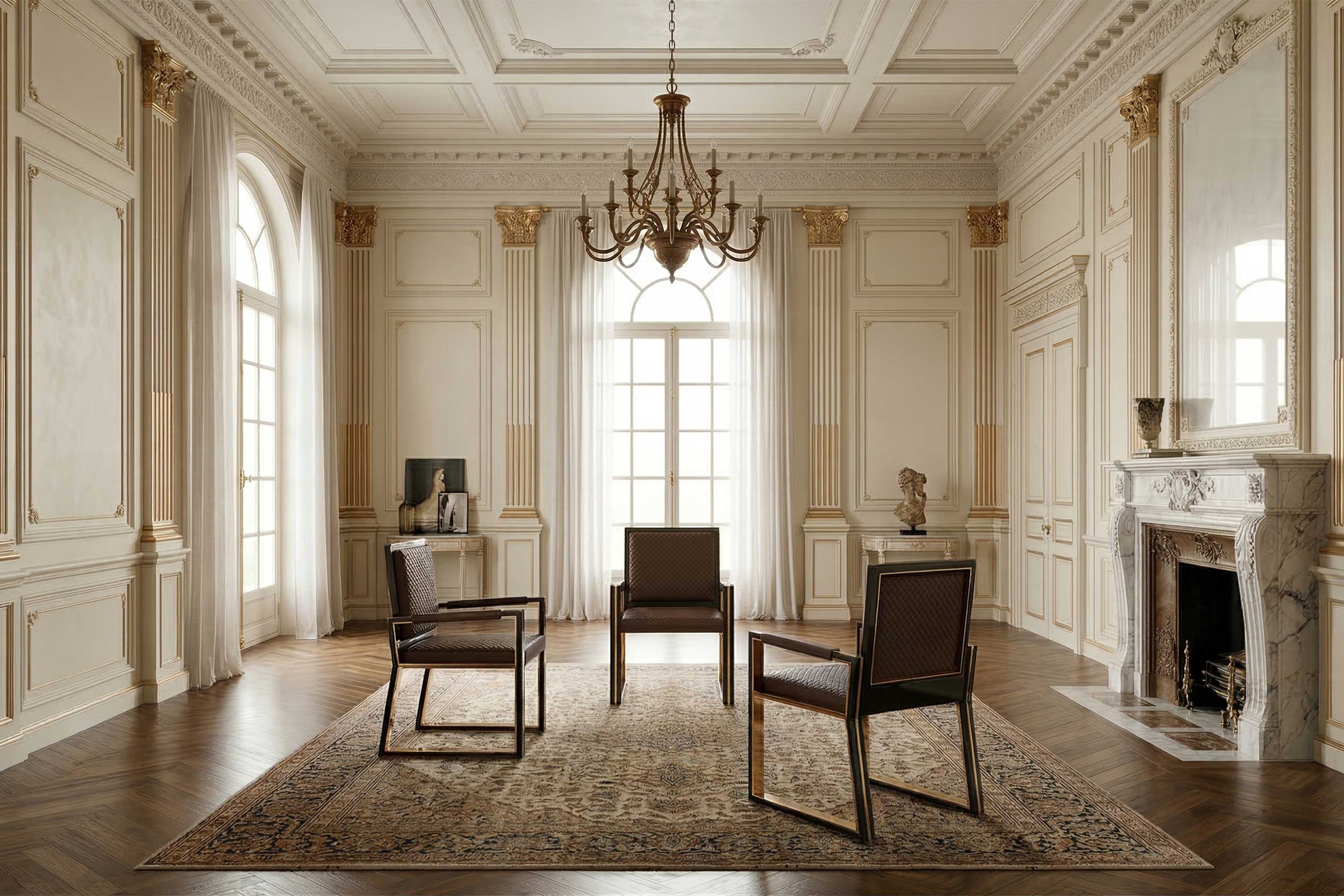 A grand, ornate room with tall windows, paneled walls, a chandelier, a fireplace, three armchairs arranged on a patterned rug, and classical sculptures on display. Natural light fills the space.