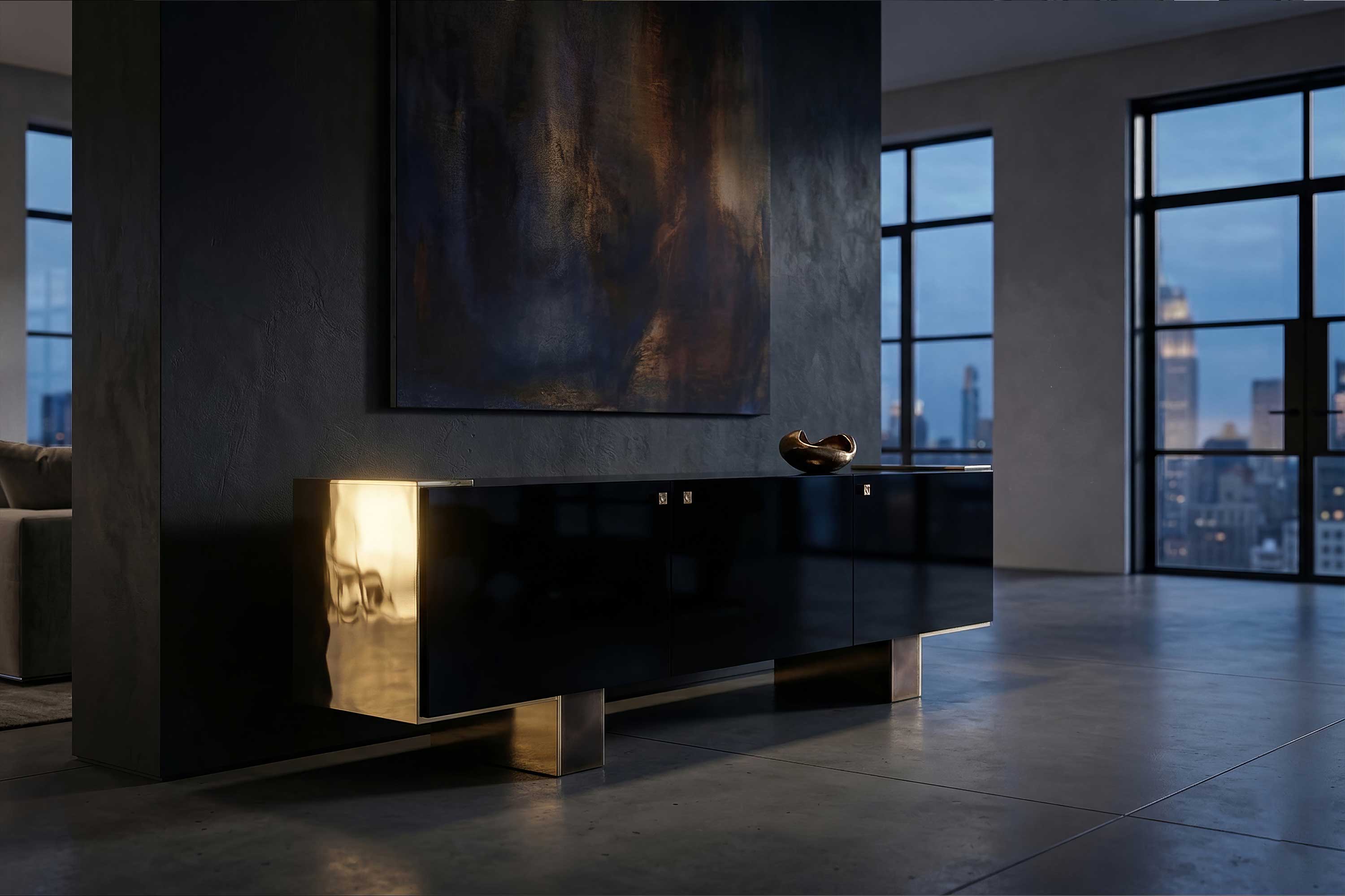 A modern, glossy black sideboard with metallic legs stands in front of a large abstract painting in a spacious room with concrete floors and large windows overlooking a cityscape at dusk.
