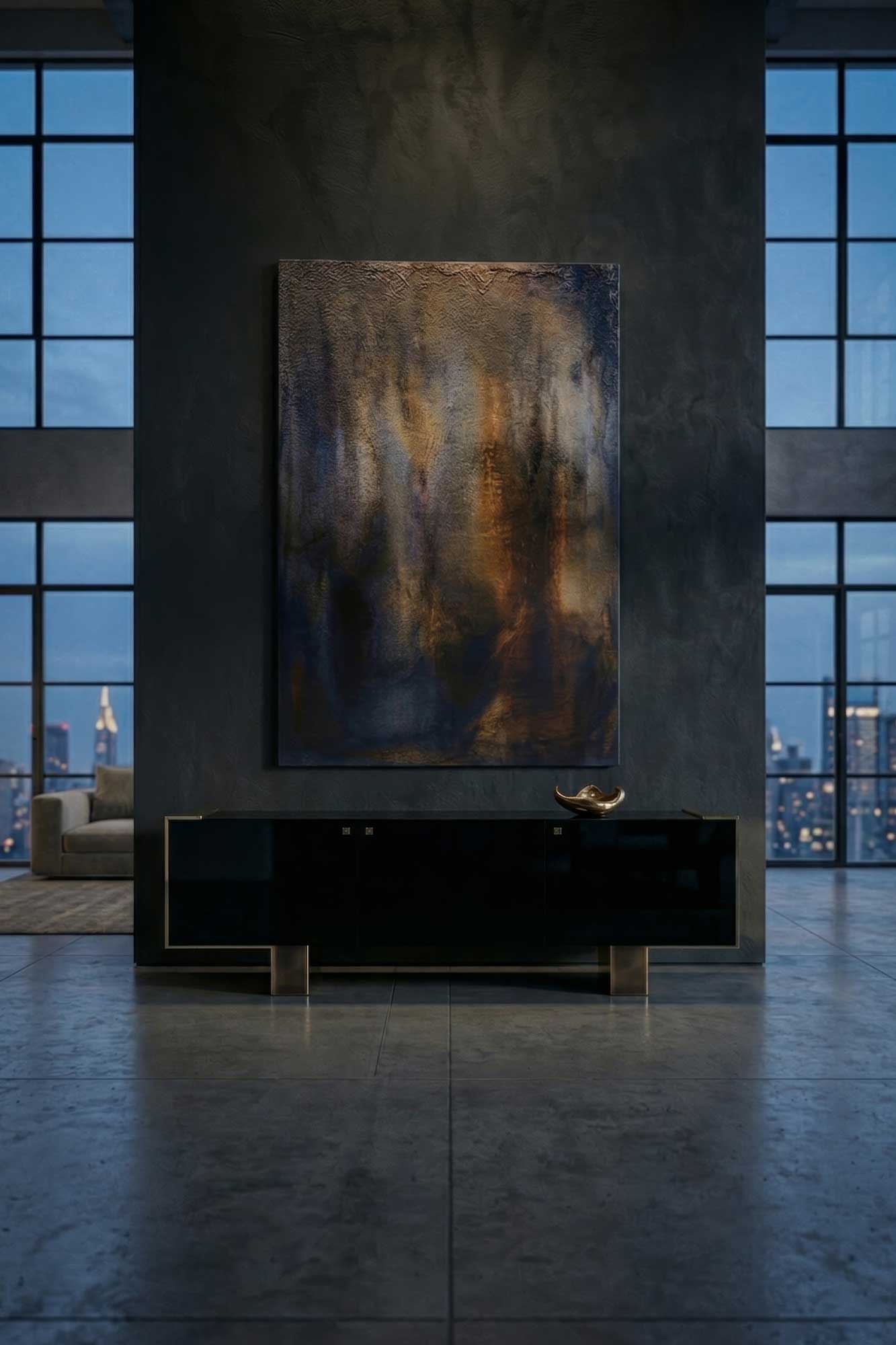 A large abstract painting hangs on a dark wall above a sleek black console table with a metallic decorative object. Floor-to-ceiling windows show a city skyline at dusk. The room has a modern, minimalist design.