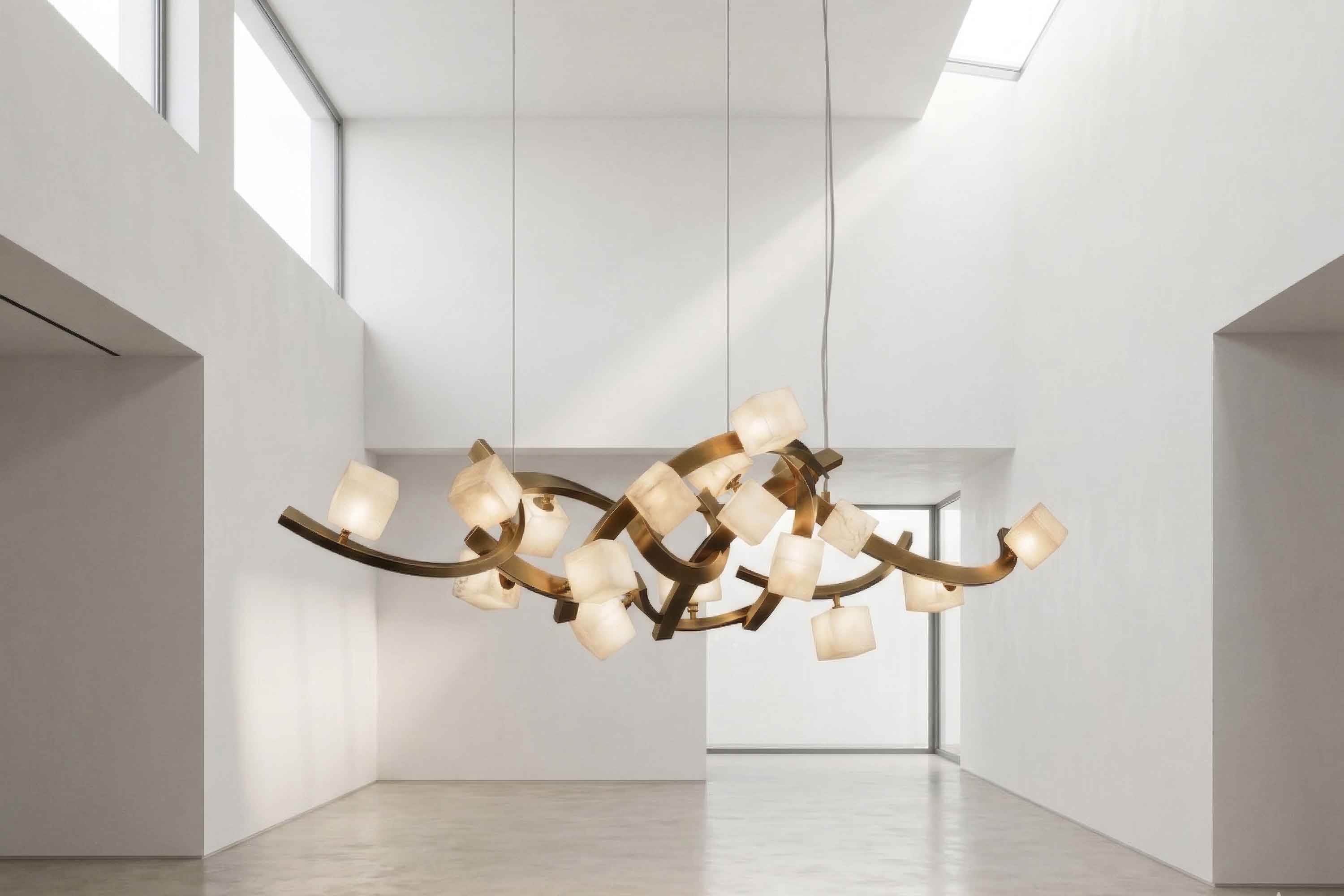 A modern chandelier with curved brass arms and frosted square glass shades hangs from the ceiling in a spacious, white-walled room with large skylights and minimal decor.
