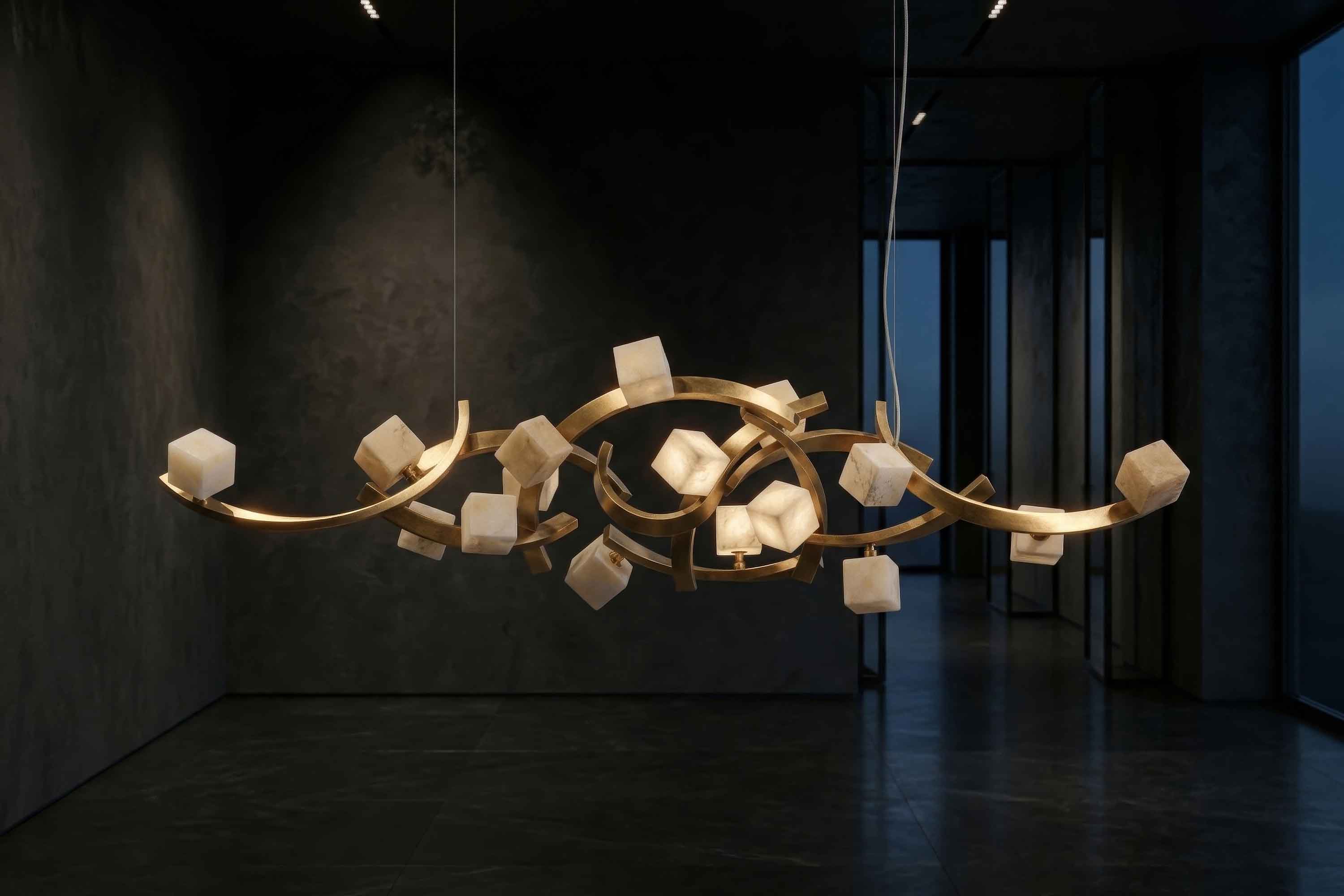 A modern chandelier with curved gold metal arms and multiple cube-shaped white light fixtures, suspended in a minimalist, dark-toned room with large windows.