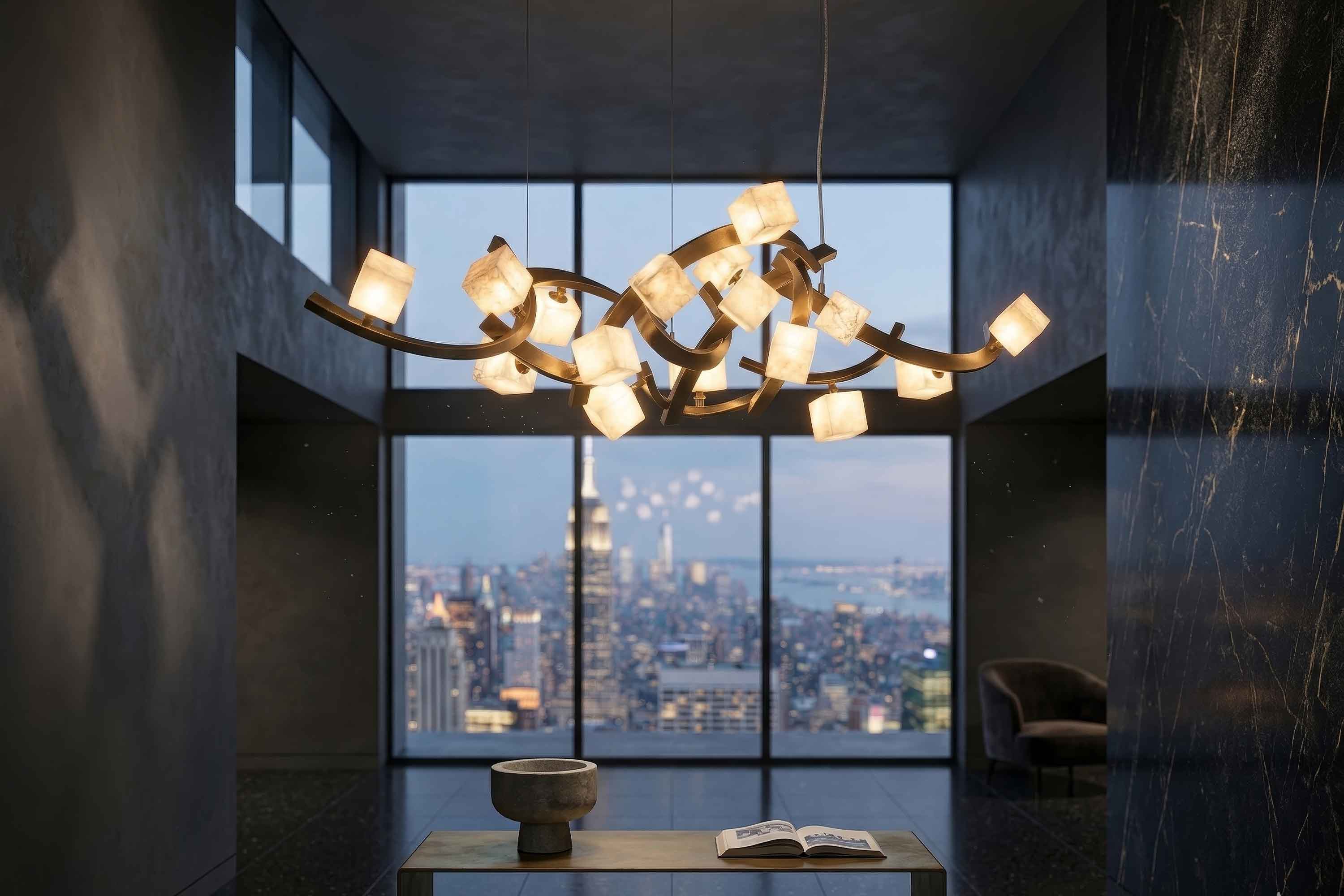 Modern room with a sculptural chandelier hanging over a table. An open book and a bowl sit on the table. Large floor-to-ceiling windows reveal a city skyline at dusk. Marble walls and a chair are visible.