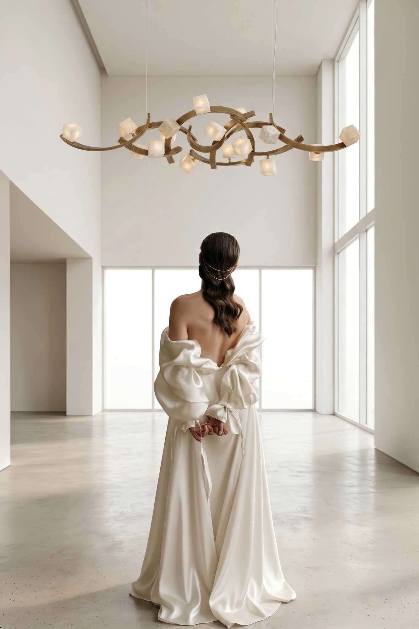 A woman in an off-the-shoulder white gown stands with her back to the camera in a modern, minimalist room with large windows and a geometric chandelier overhead.