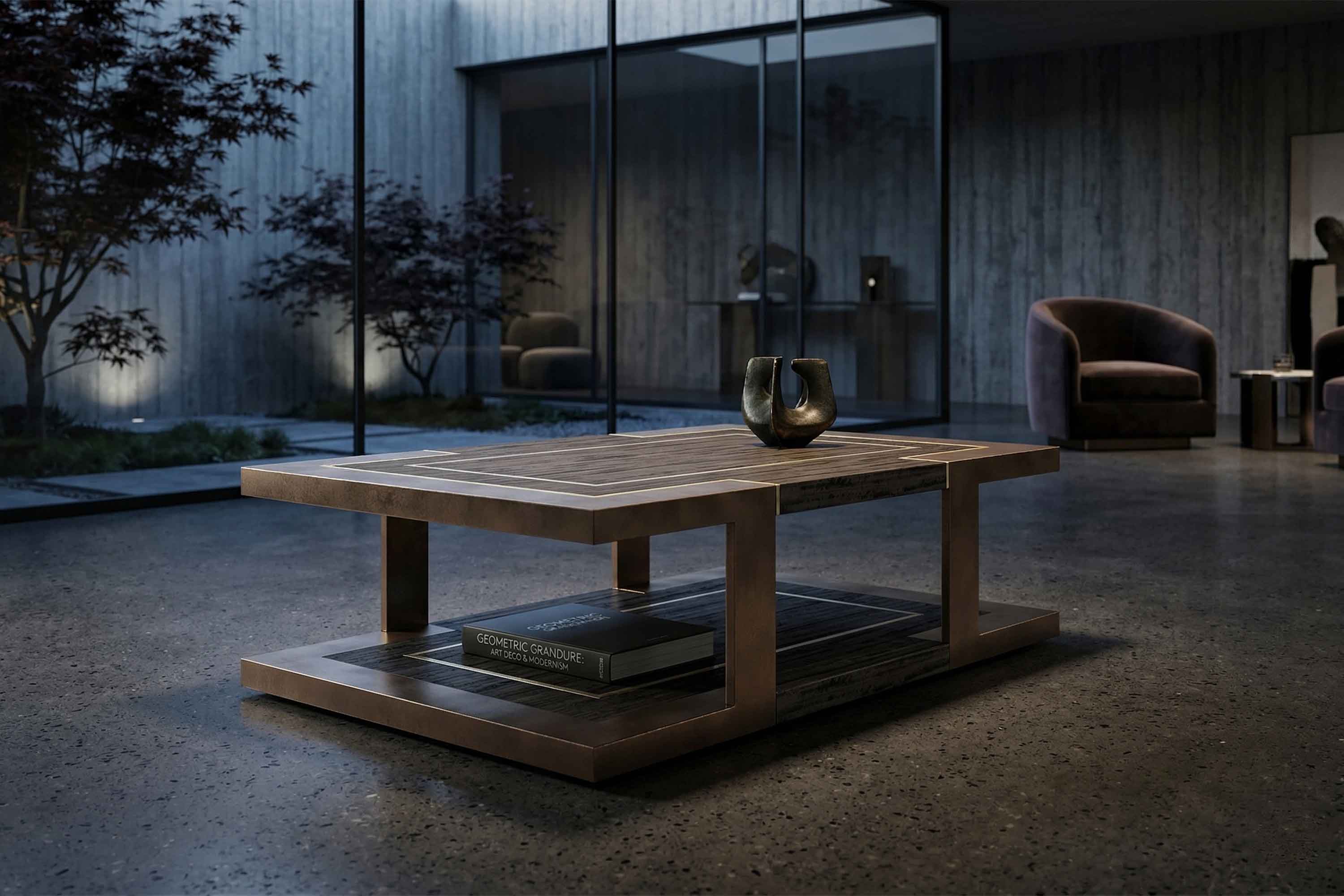 A modern living room with a square wooden coffee table holding two vases, a book on the lower shelf, glass walls showing an outdoor courtyard, and contemporary chairs in the background.