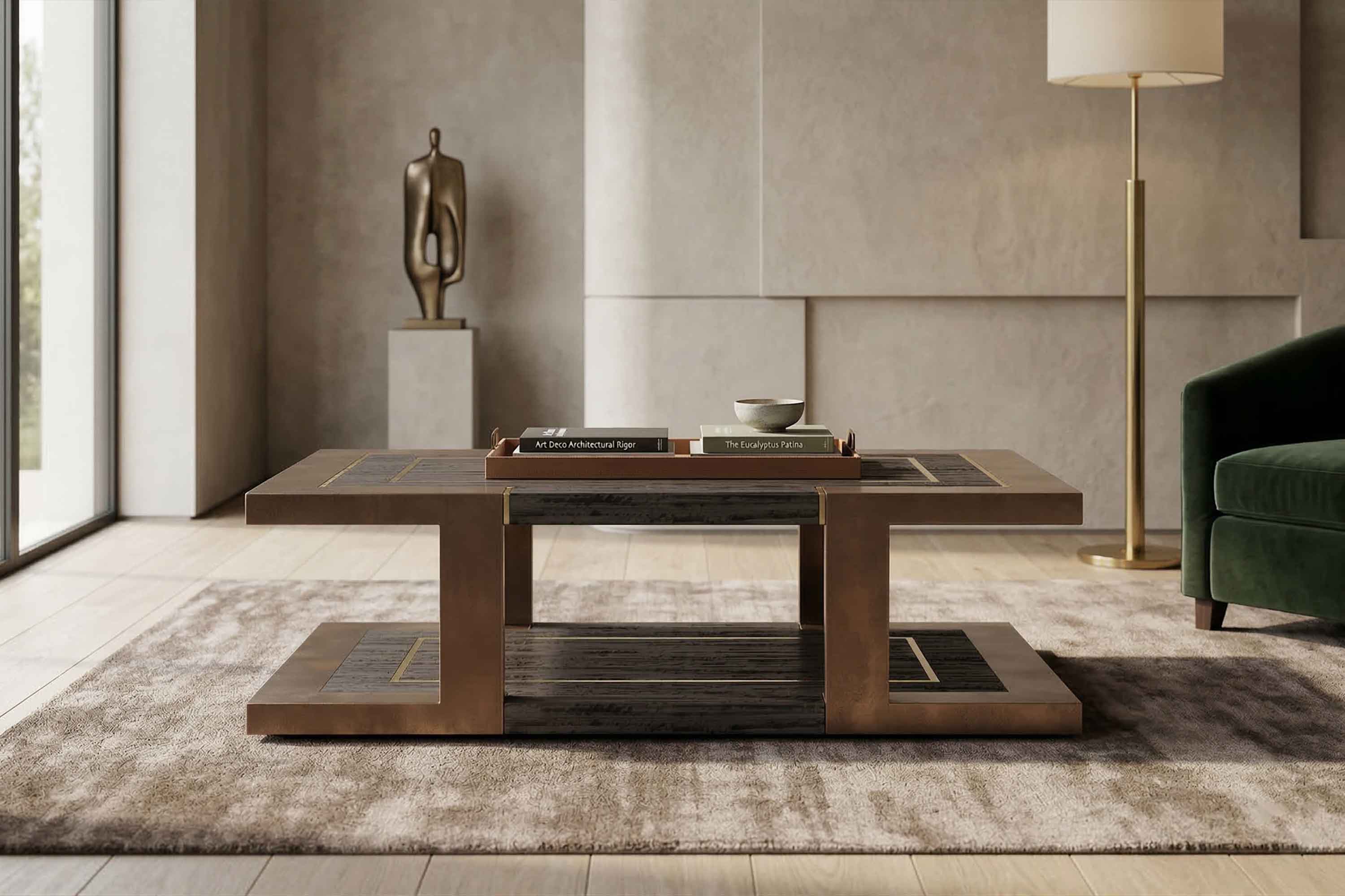Modern living room with a rectangular coffee table on a beige rug, a green sofa to the right, a tall floor lamp, and a decorative statue near large windows letting in natural light.