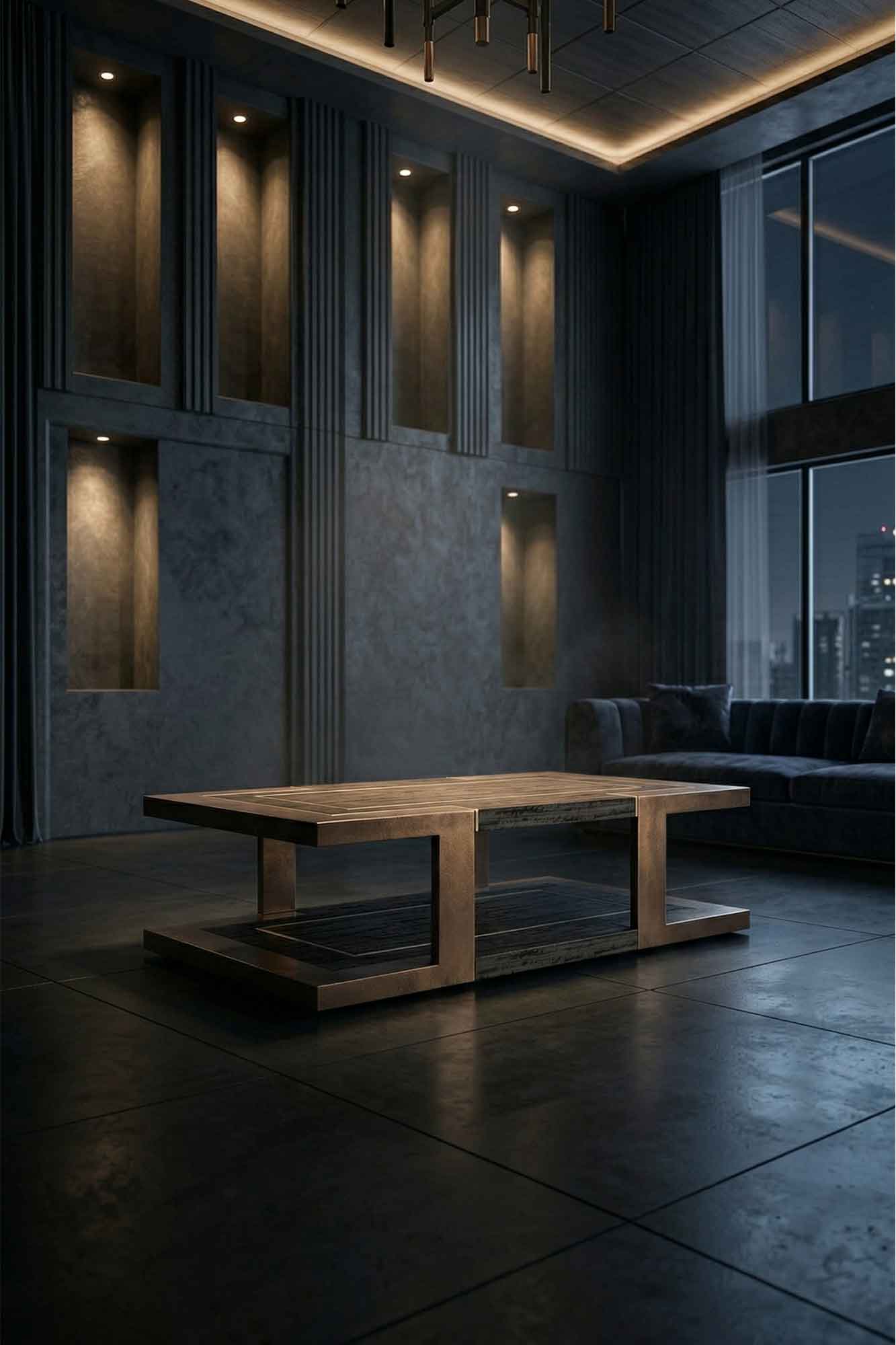 A modern, minimalist living room features a low, rectangular wooden coffee table on a large tiled floor, with dark walls, built-in lights, a sectional sofa, and city buildings visible through floor-to-ceiling windows at night.