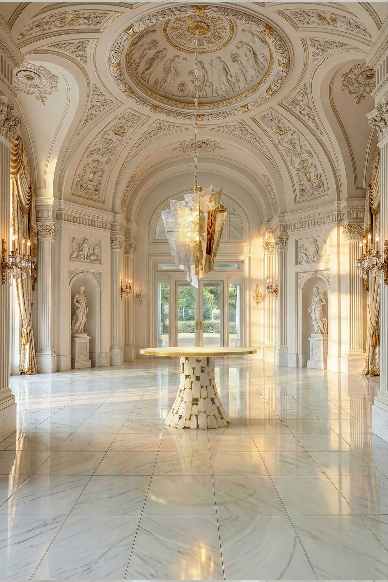 An ornate marble hall with a domed, painted ceiling, tall arched windows, statues in alcoves, gold-trimmed drapes, chandeliers, and a round table with a geometric base and abstract gold centerpiece.
