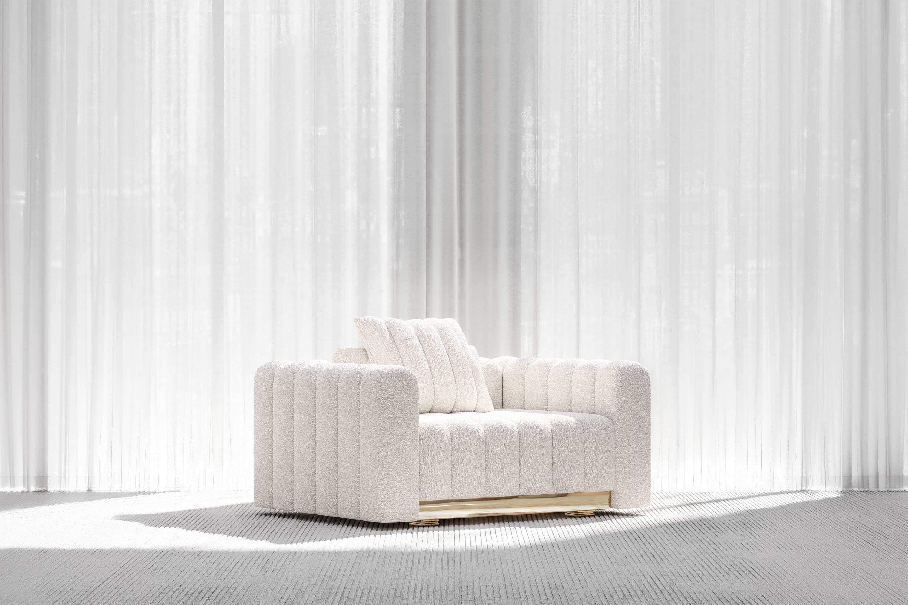 El-Mar Lounge Chair, sculptural luxury lounge chair staged in a bright contemporary interior with floor-to-ceiling sheer curtains — Palena Studio