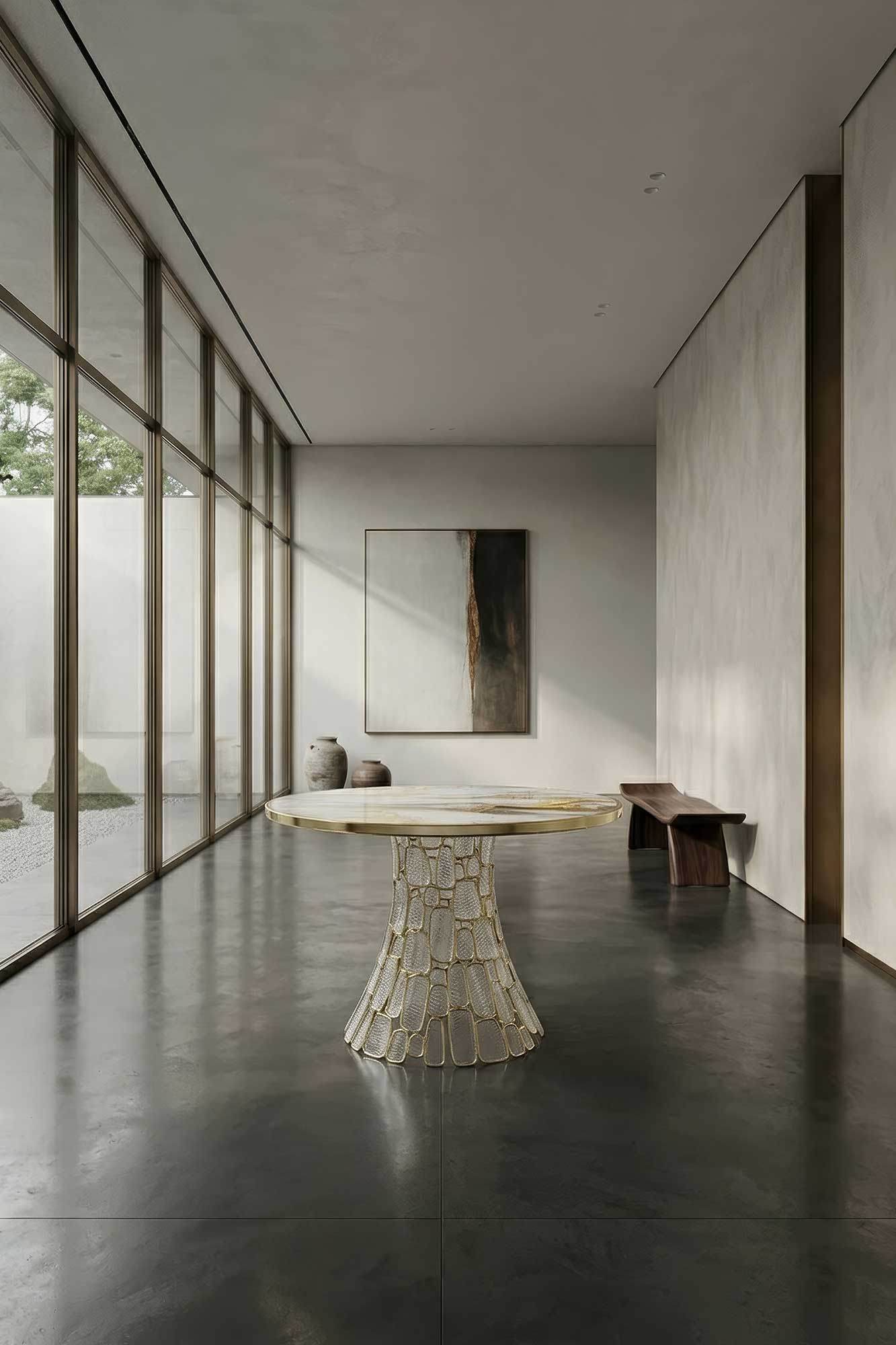 A modern, minimalist room with floor-to-ceiling windows, a sculptural metal table in the center, a wood bench, pottery, and a wall art piece. Sunlight streams in, highlighting the polished concrete floor.