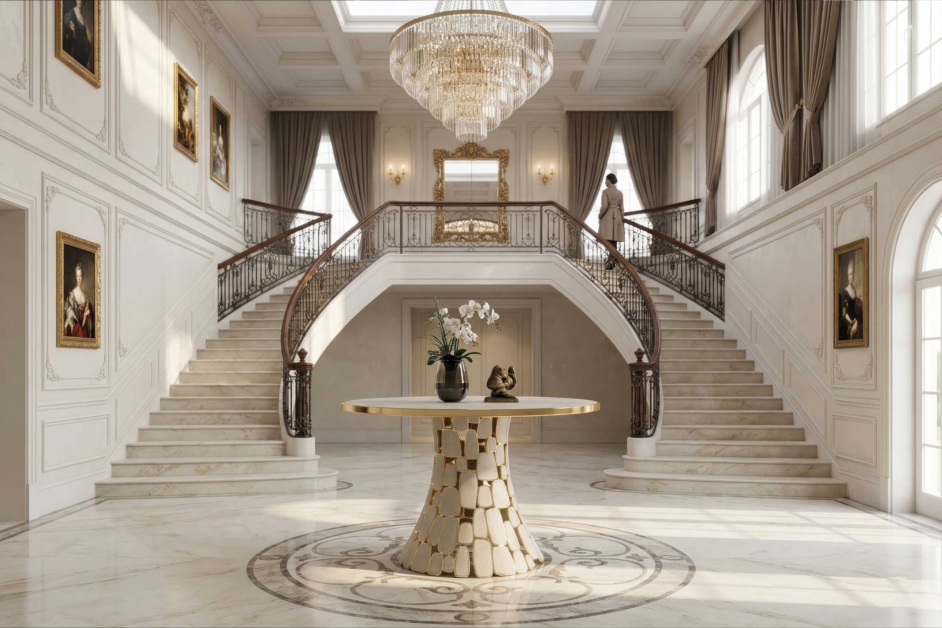 Grand foyer with twin marble staircases, a round table with a vase and sculpture, large chandelier, tall windows with curtains, framed portraits on the walls, and a person at the top of the stairs.