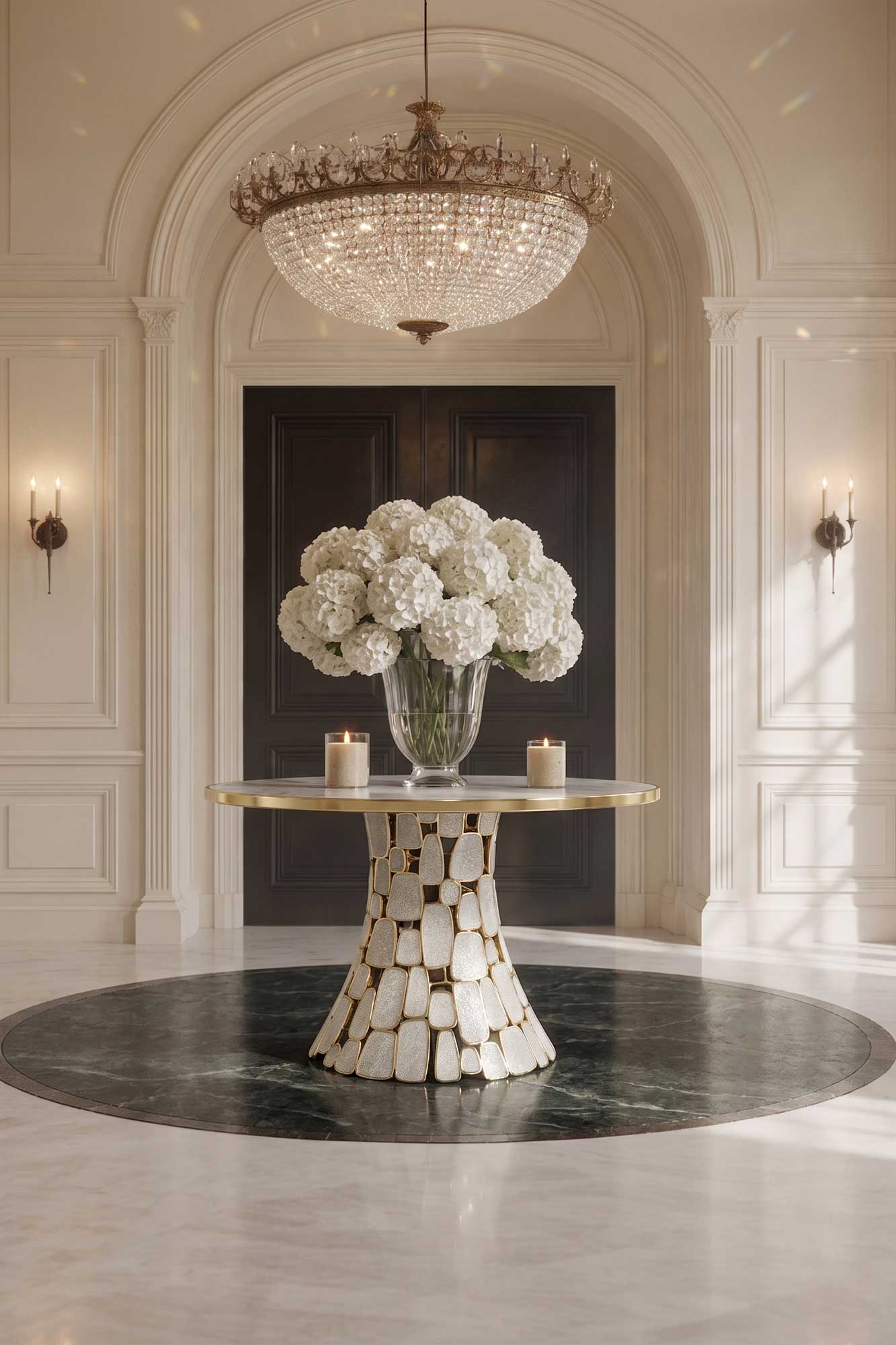 A round table with a mosaic base holds a vase of white hydrangeas and two candles. The table stands in a marble foyer under a large crystal chandelier, with ornate paneling and double dark doors in the background.