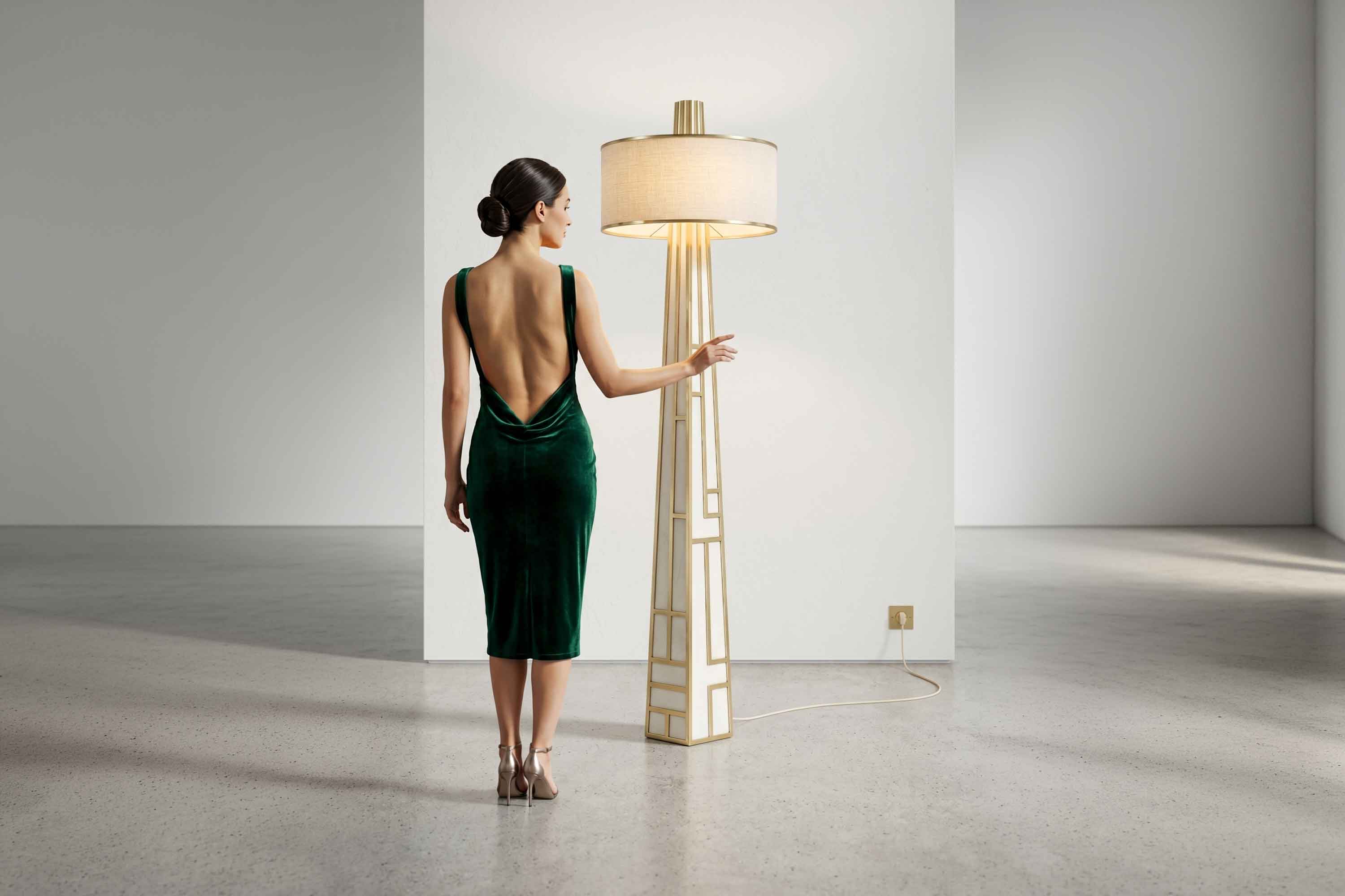 Emerald Floor Lamp in polished bronze with drum shade, luxury sculptural floor lamp staged in a soft neutral contemporary space — Palena Studio