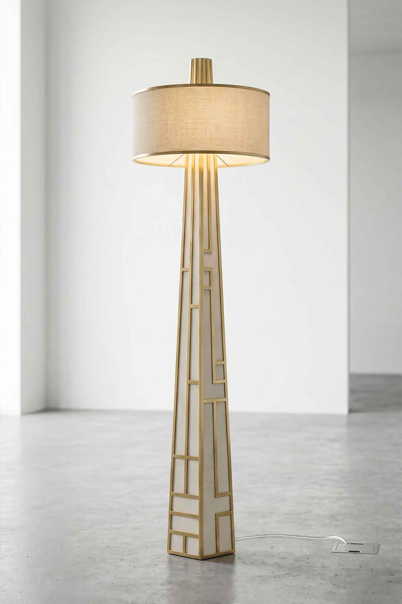 Emerald Floor Lamp in polished bronze with drum shade, sculptural floor lamp staged in a dark luxury interior — Palena Studio