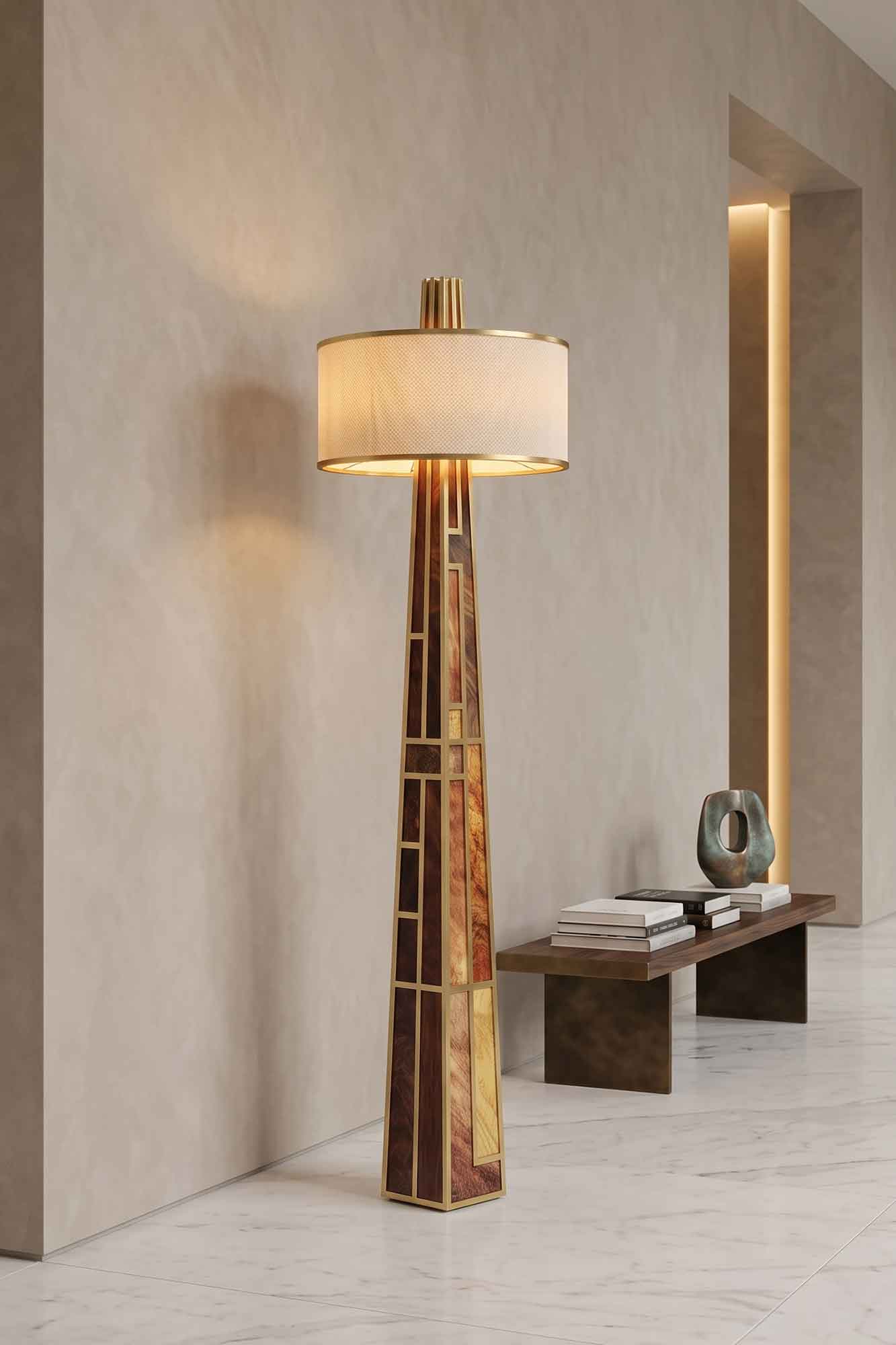 Emerald Floor Lamp in polished bronze with drum shade, sculptural luxury floor lamp staged in a dark editorial interior — Palena Studio